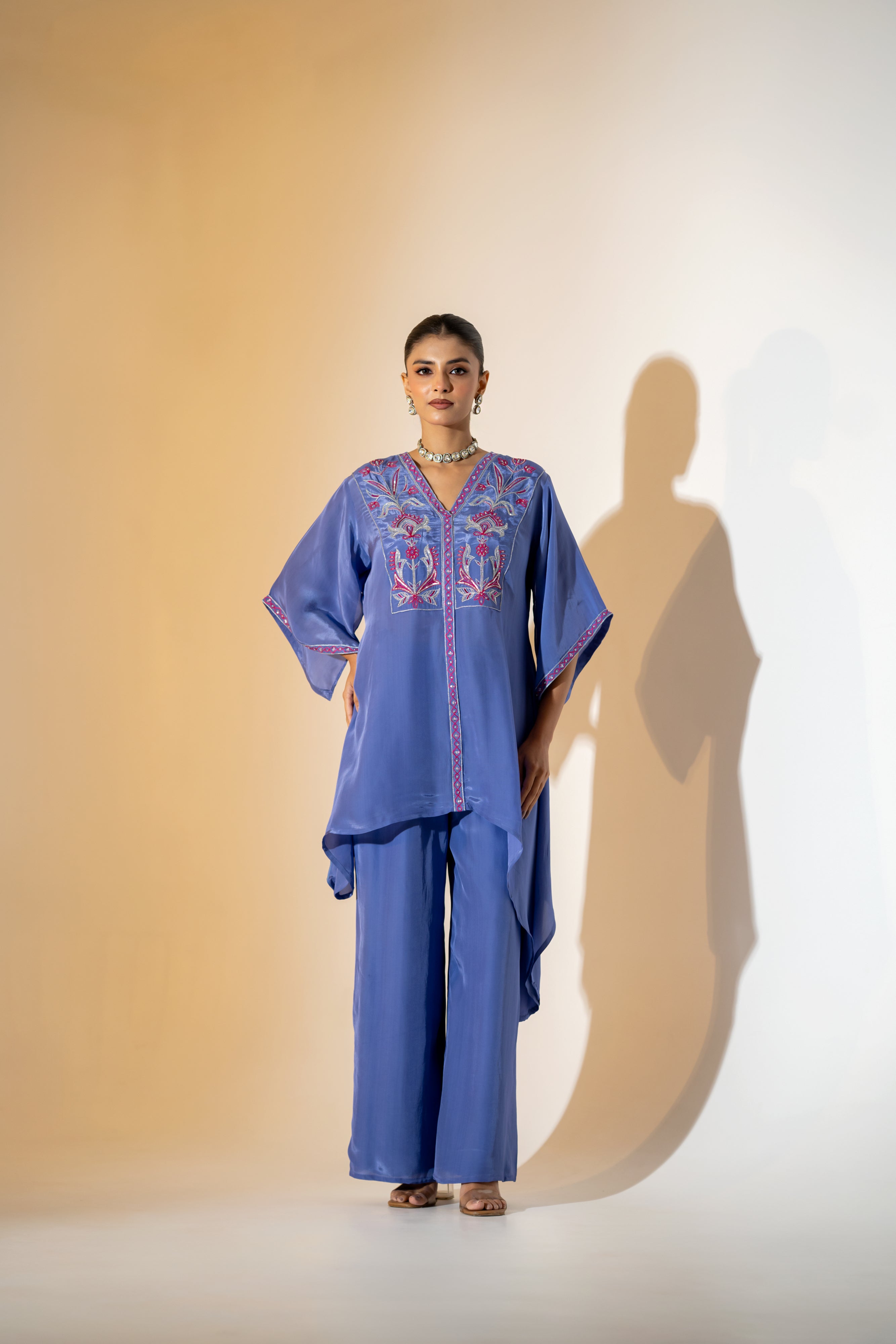PERIWINKLE BLUE EMBROIDERED KURTA SET  WITH FLARED SLEEVES