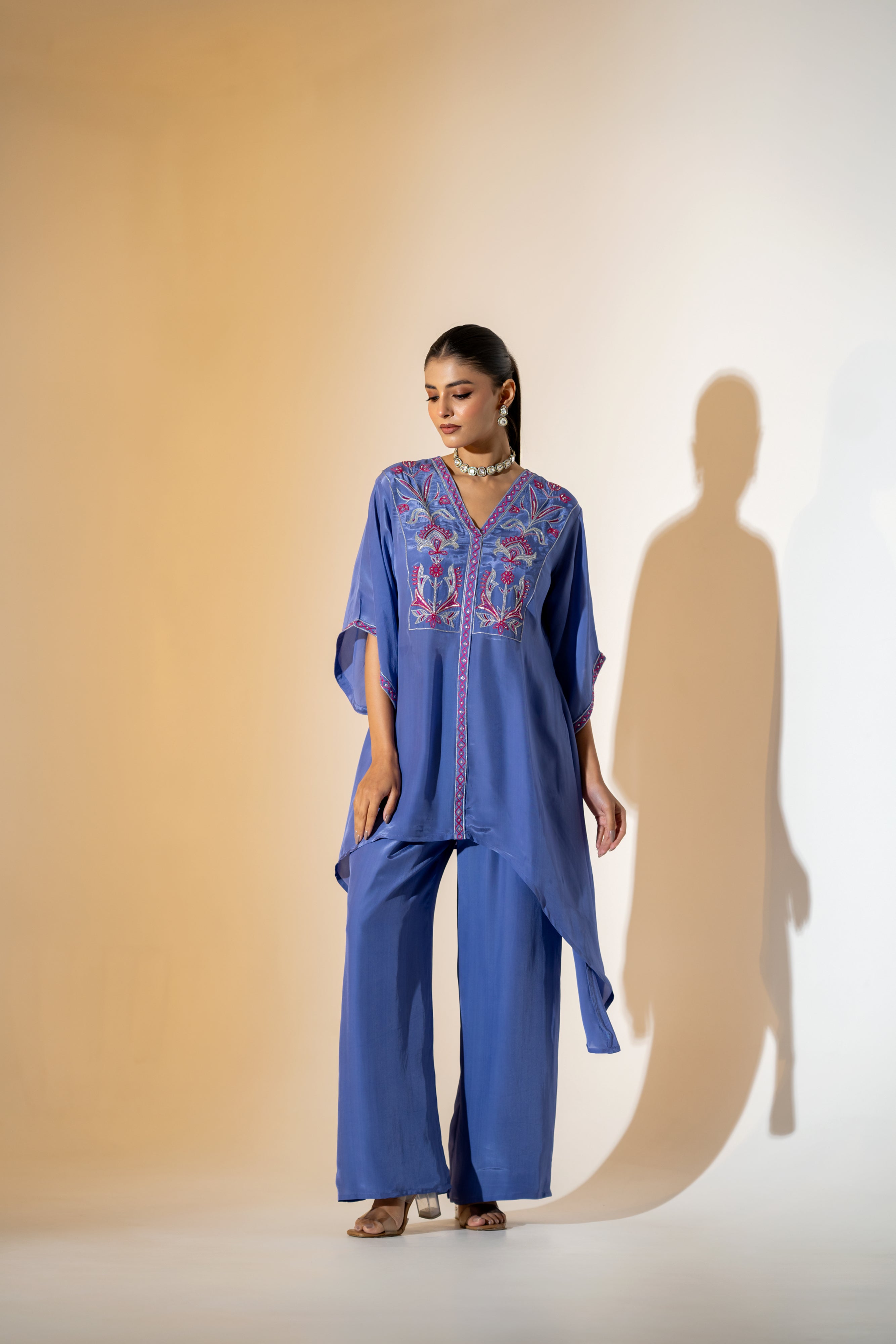 PERIWINKLE BLUE EMBROIDERED KURTA SET  WITH FLARED SLEEVES