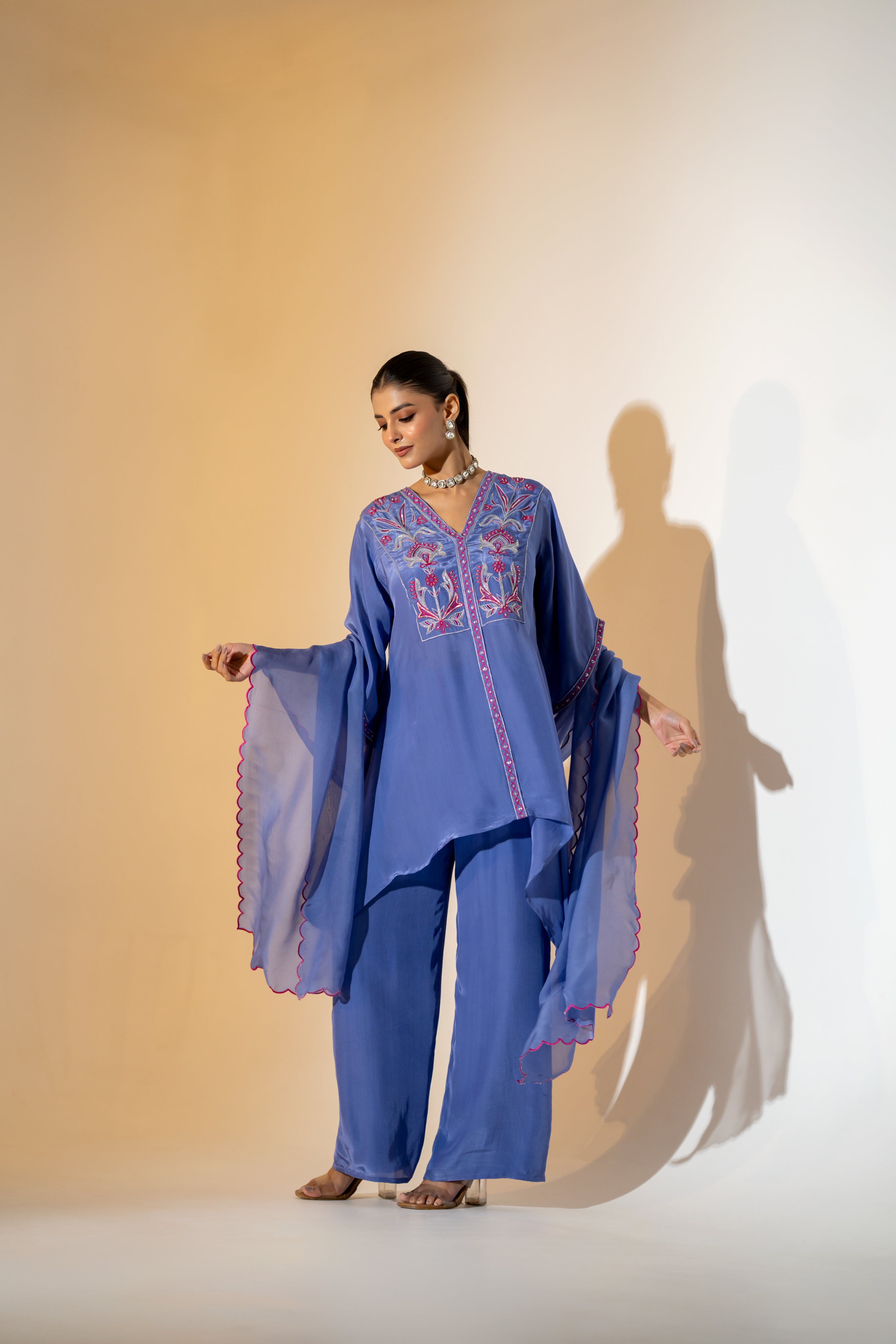 PERIWINKLE BLUE EMBROIDERED KURTA SET  WITH FLARED SLEEVES