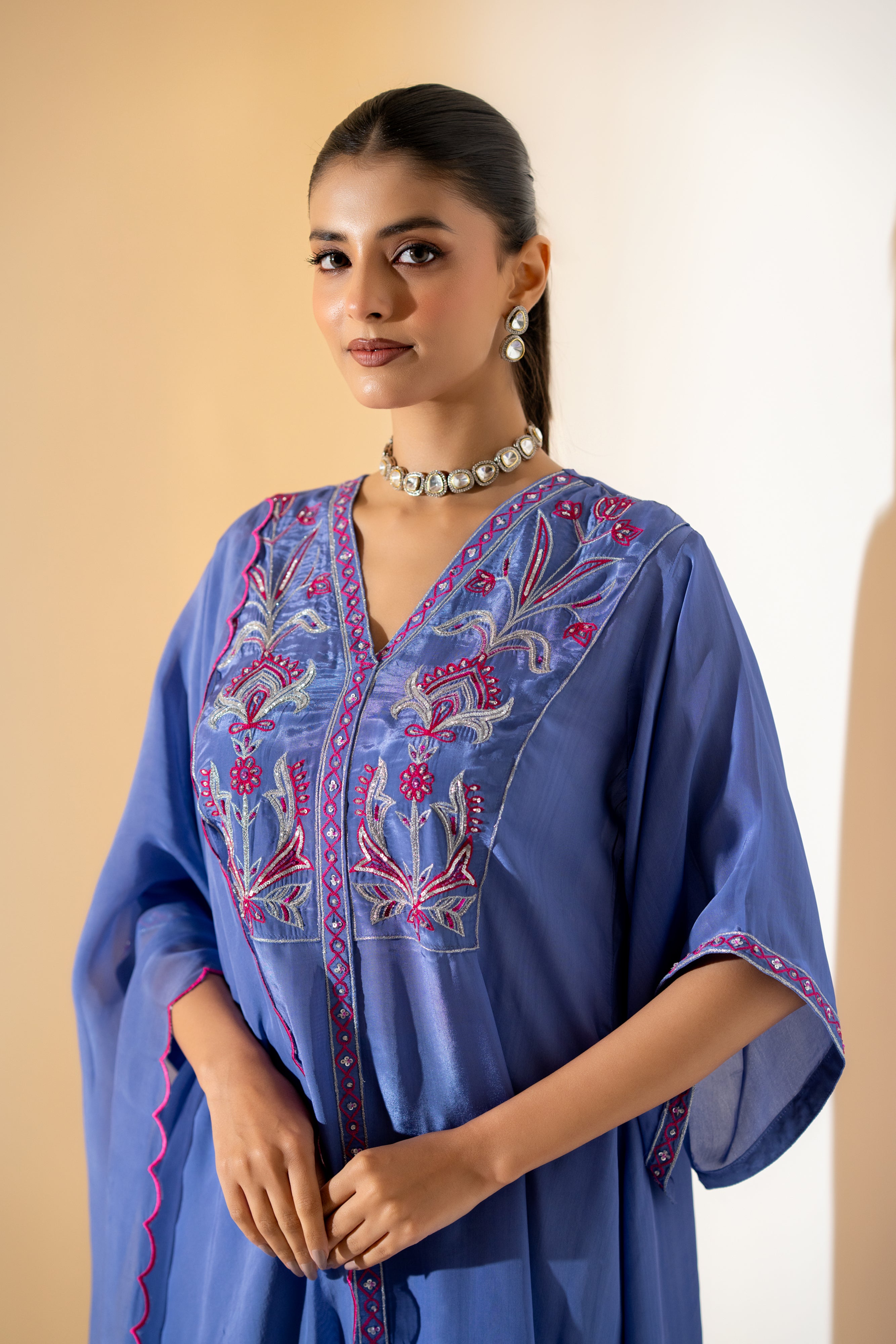 PERIWINKLE BLUE EMBROIDERED KURTA SET  WITH FLARED SLEEVES
