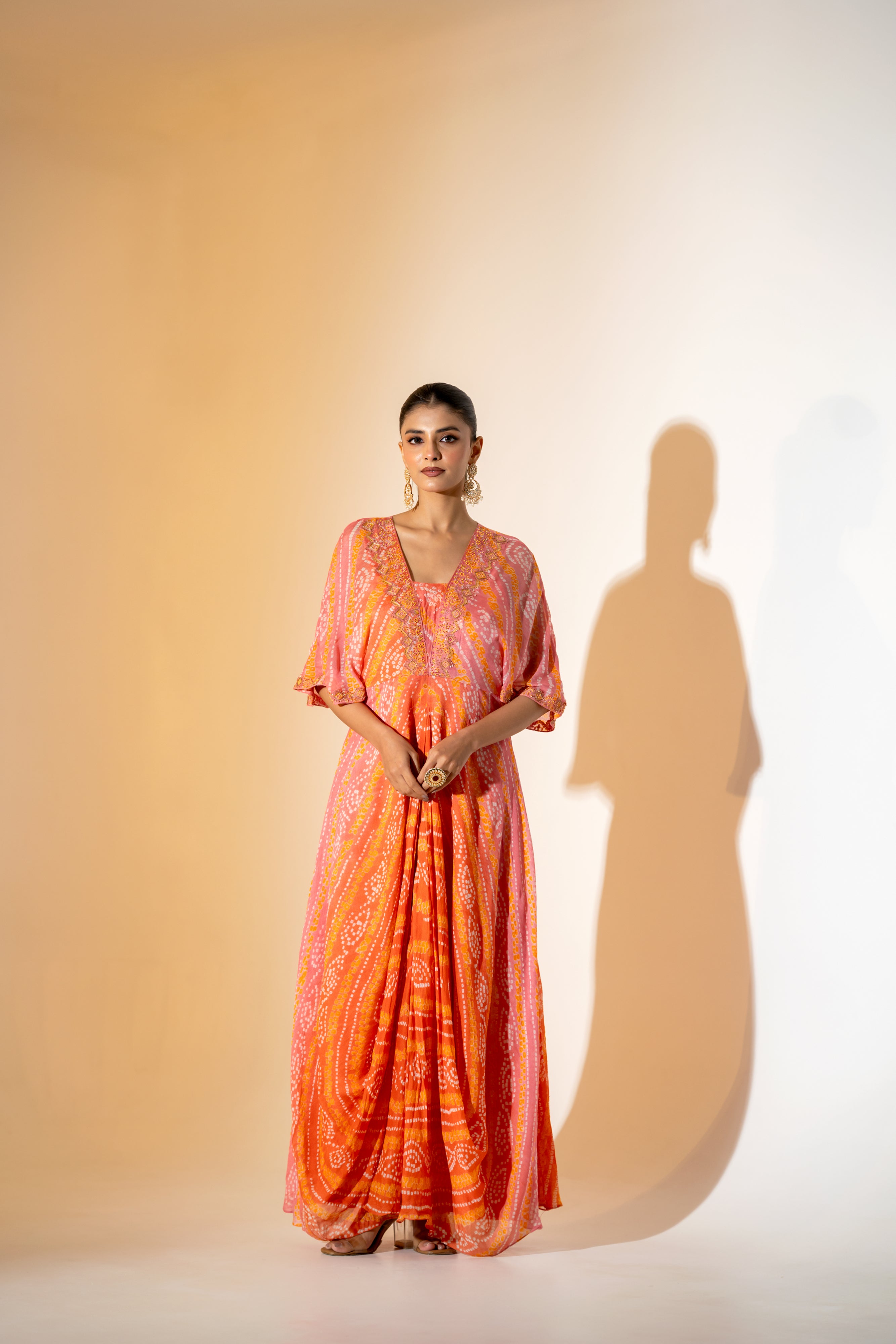 BANDHANI COWL DRESS IN SUNSET ORANGE & PINK.