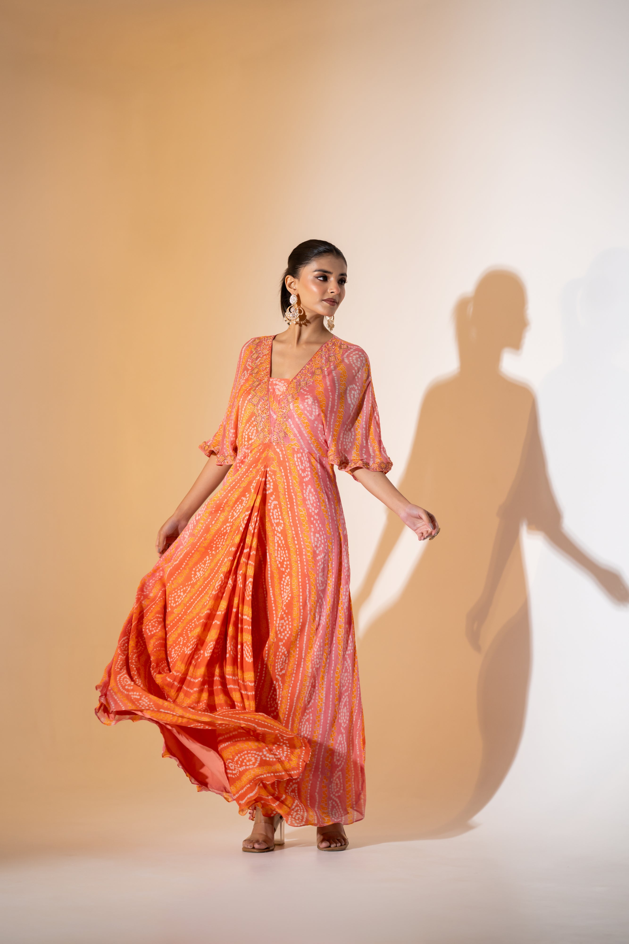 BANDHANI COWL DRESS IN SUNSET ORANGE & PINK.