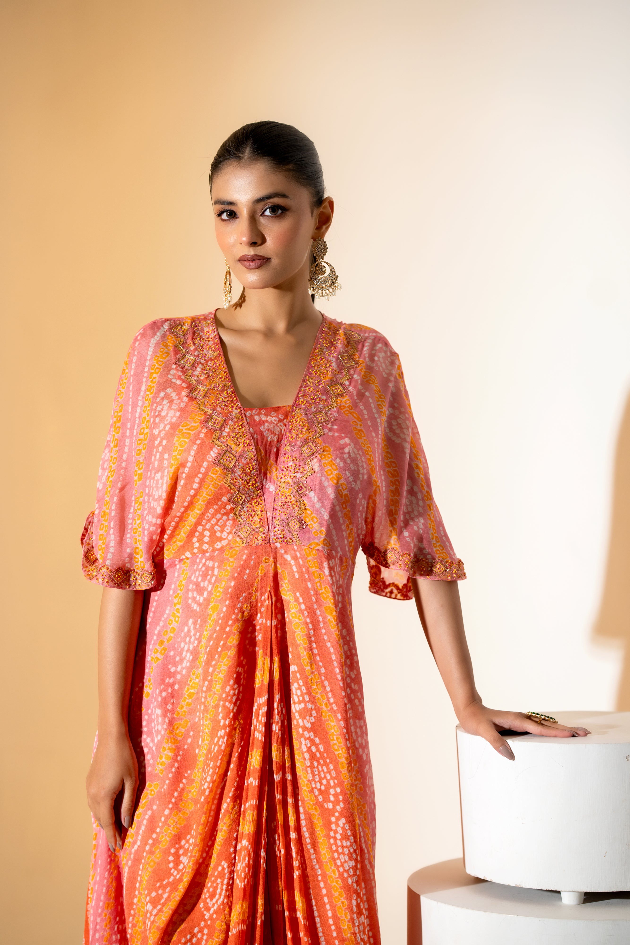 BANDHANI COWL DRESS IN SUNSET ORANGE & PINK.