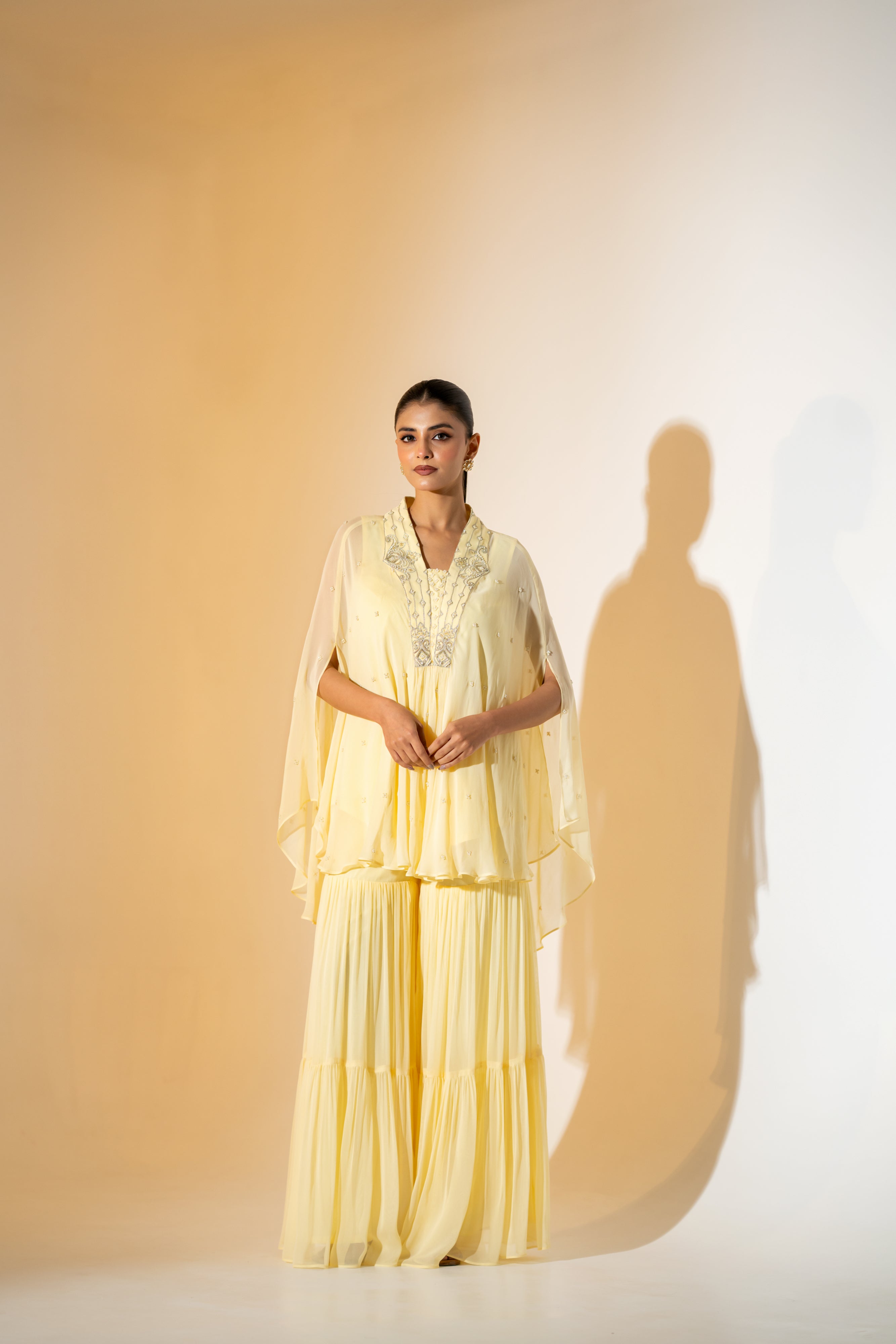 BUTTER YELLOW SHARARA SET WITH PEARL DETAILING & EMBROIDERED NECKLINE.