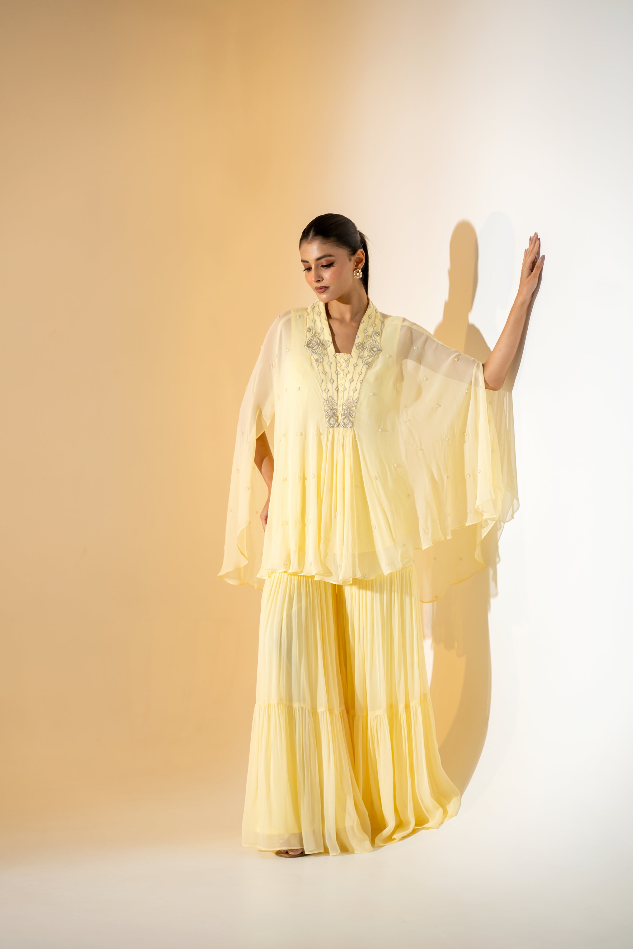 BUTTER YELLOW SHARARA SET WITH PEARL DETAILING & EMBROIDERED NECKLINE.