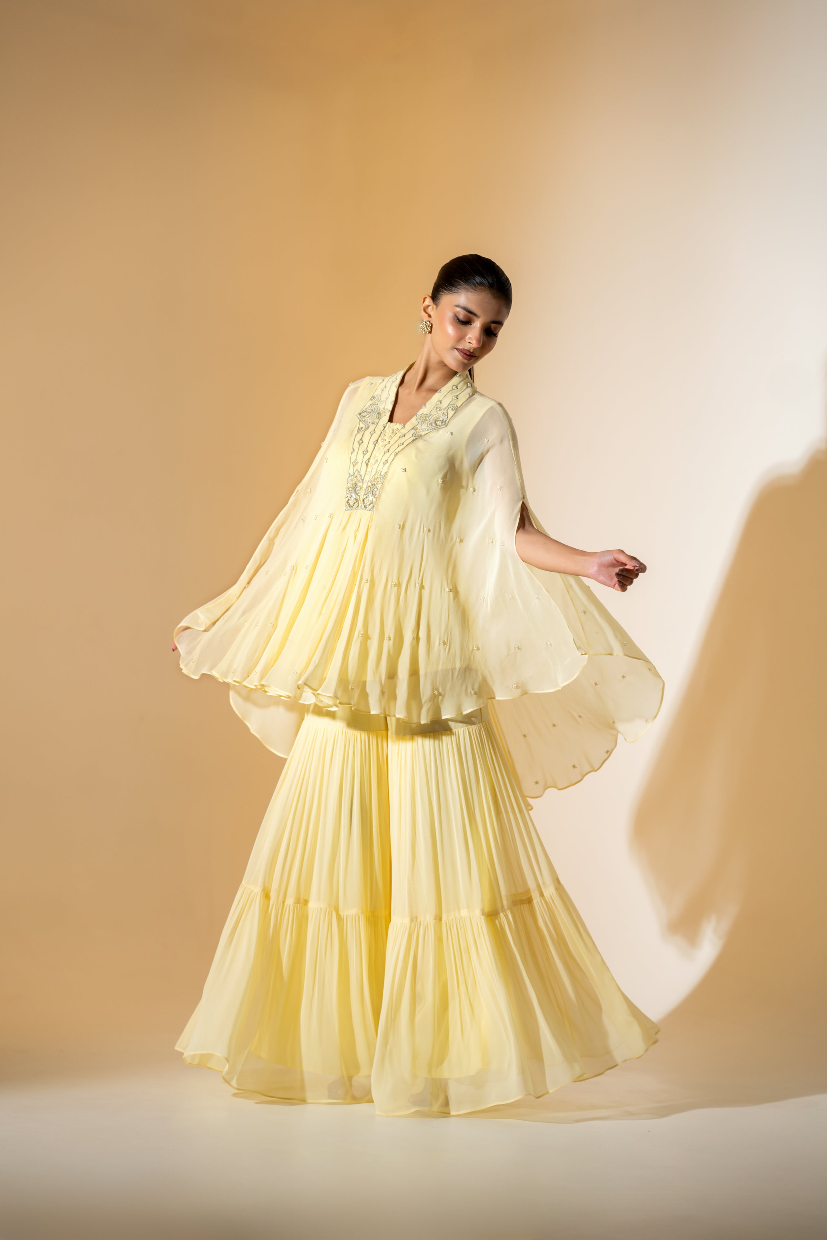 BUTTER YELLOW SHARARA SET WITH PEARL DETAILING & EMBROIDERED NECKLINE.