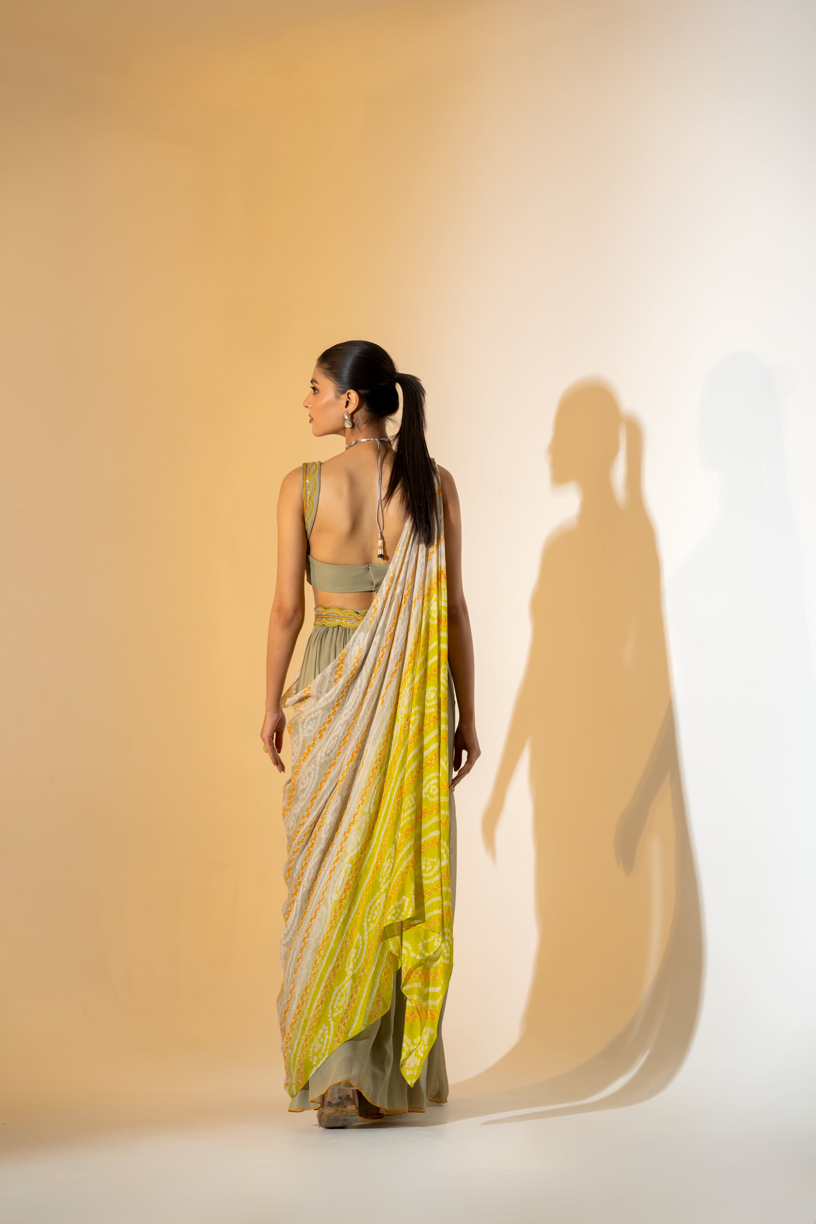 GREY & LIME OMBRE BANDHANI LEHENGA SET WITH DRAPE DUPATTA.