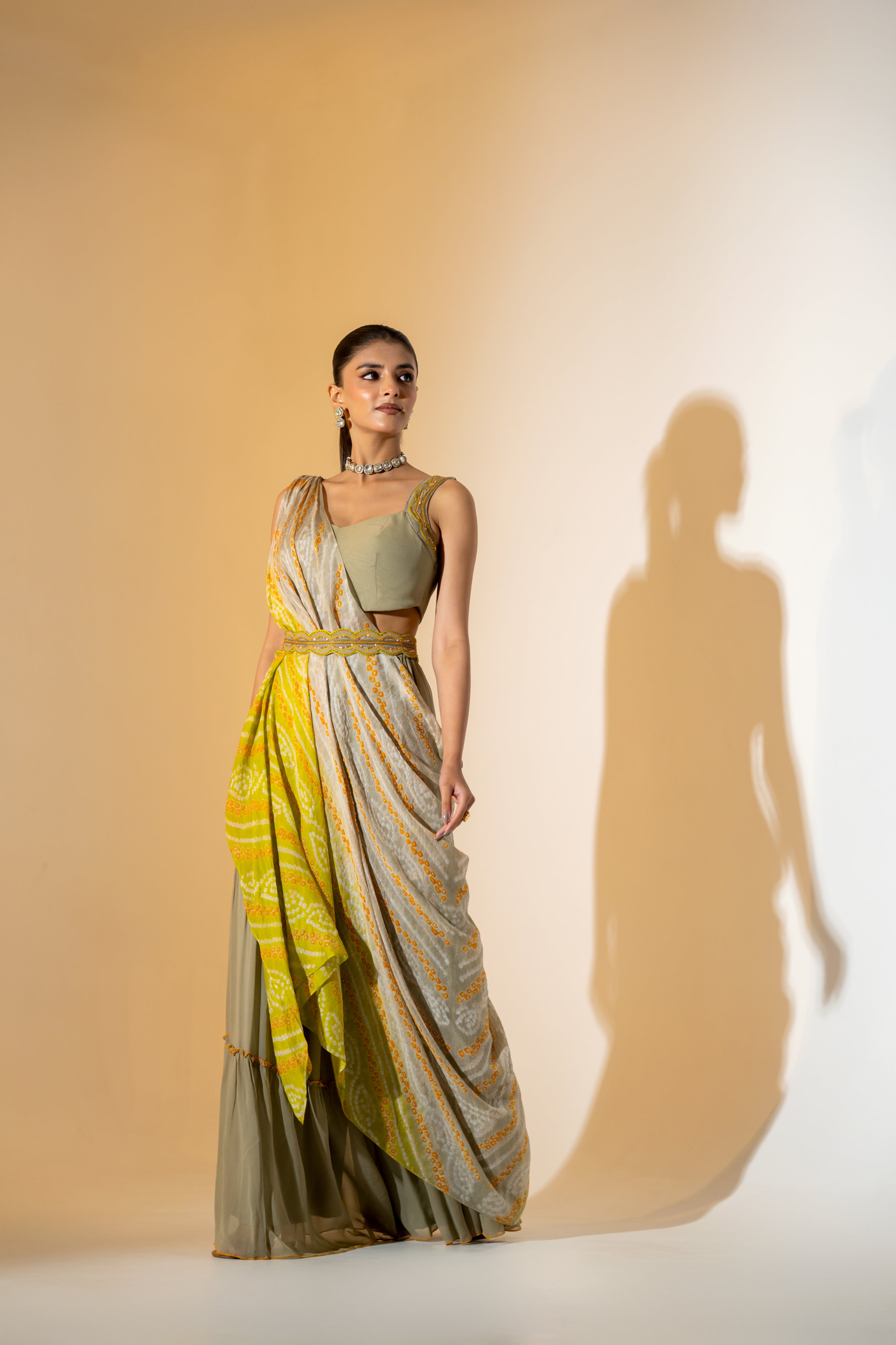 GREY & LIME OMBRE BANDHANI LEHENGA SET WITH DRAPE DUPATTA.