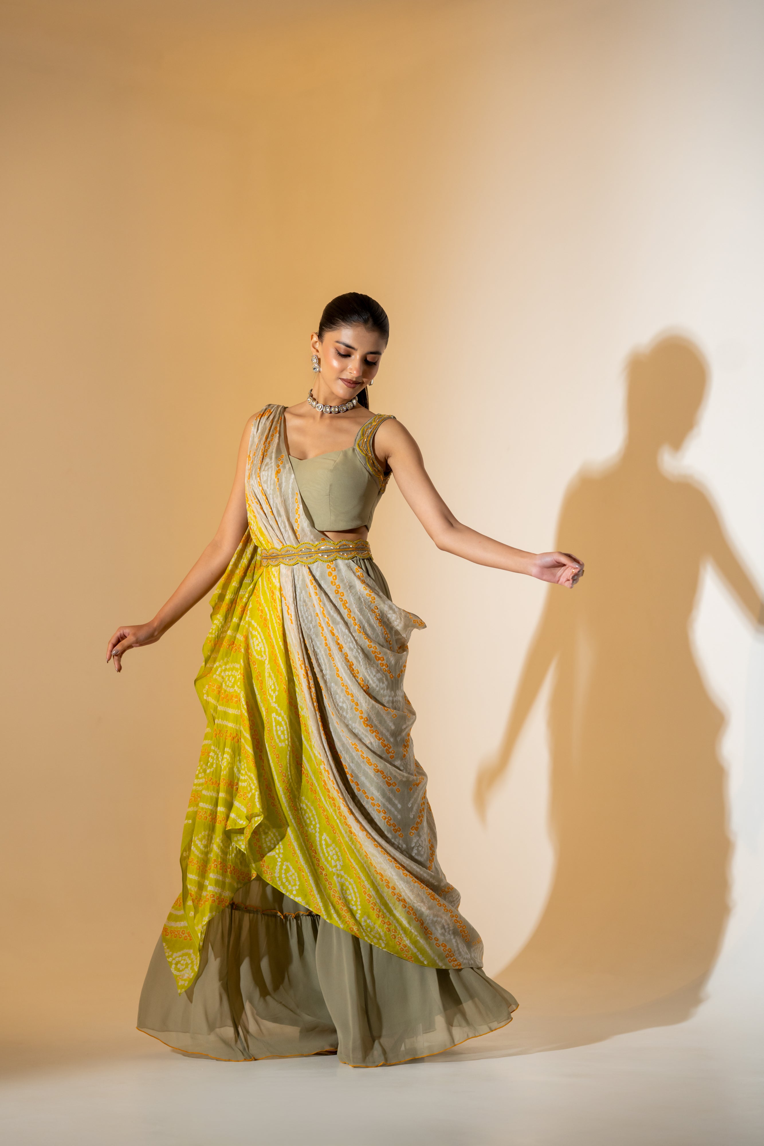 GREY & LIME OMBRE BANDHANI LEHENGA SET WITH DRAPE DUPATTA.