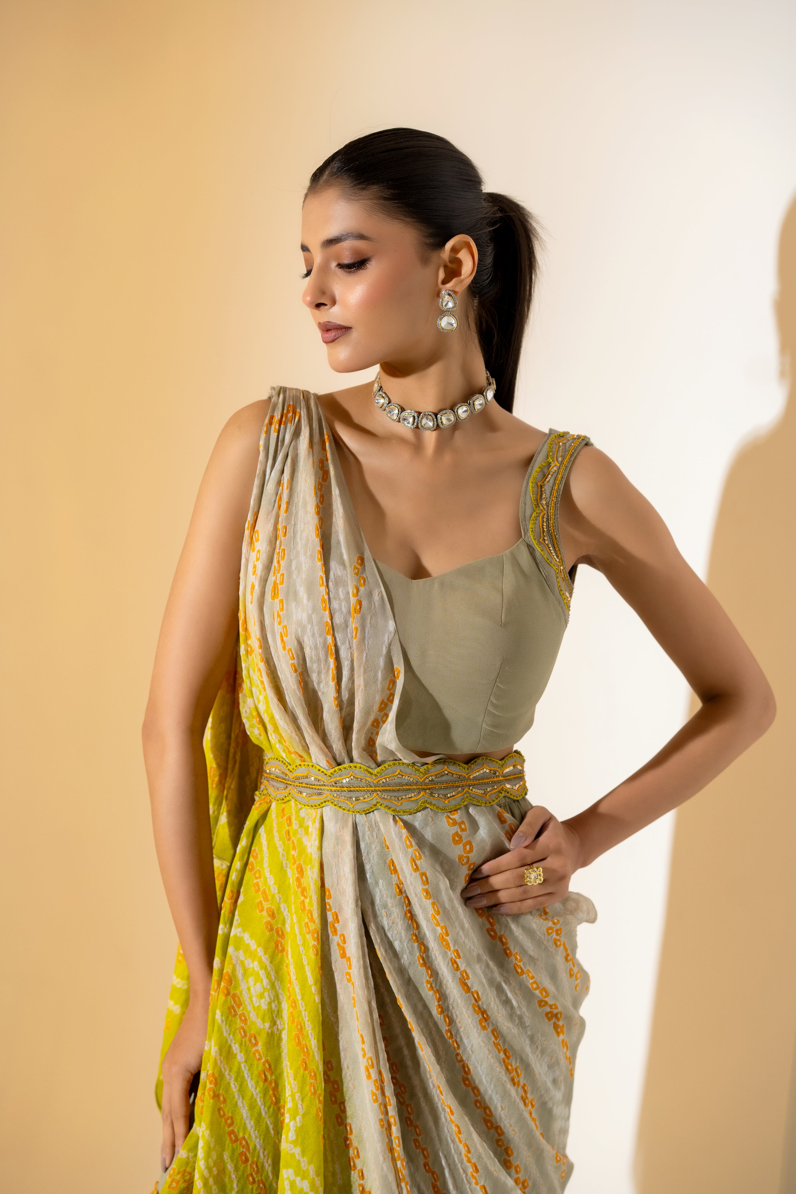 GREY & LIME OMBRE BANDHANI LEHENGA SET WITH DRAPE DUPATTA.