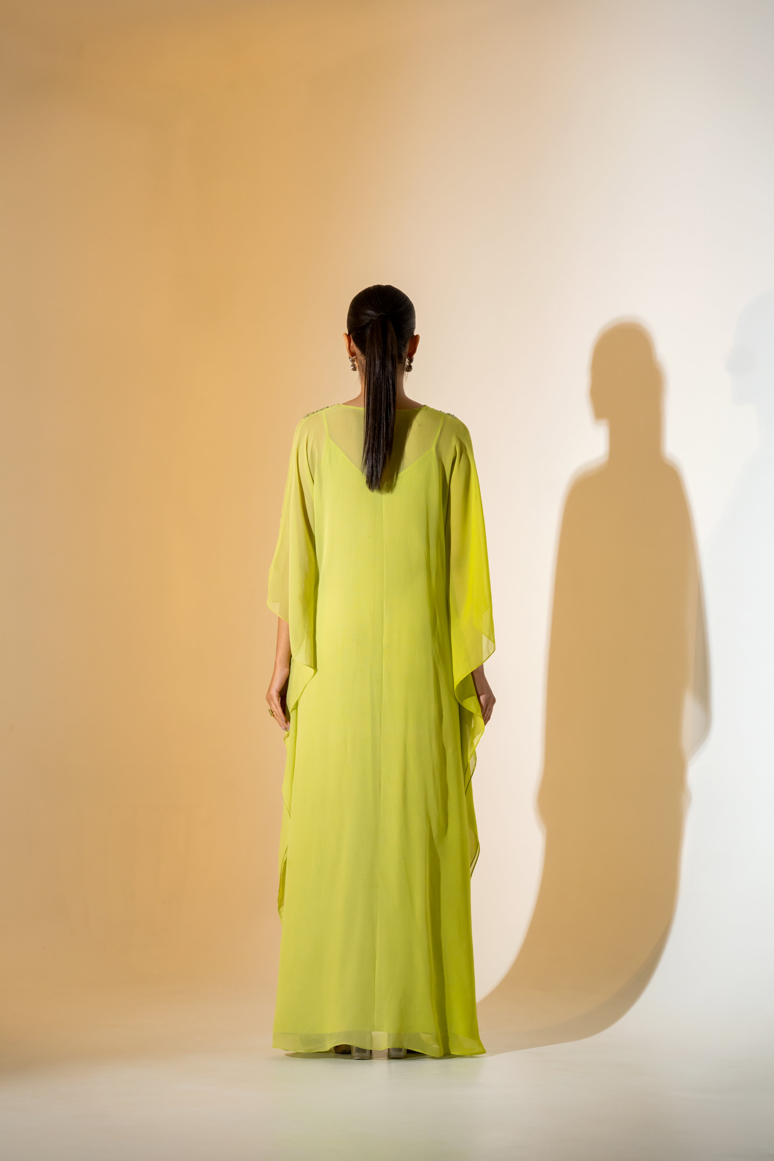 LIME GREEN OMBRE KAFTAN WITH EMBROIDERED YOKE.