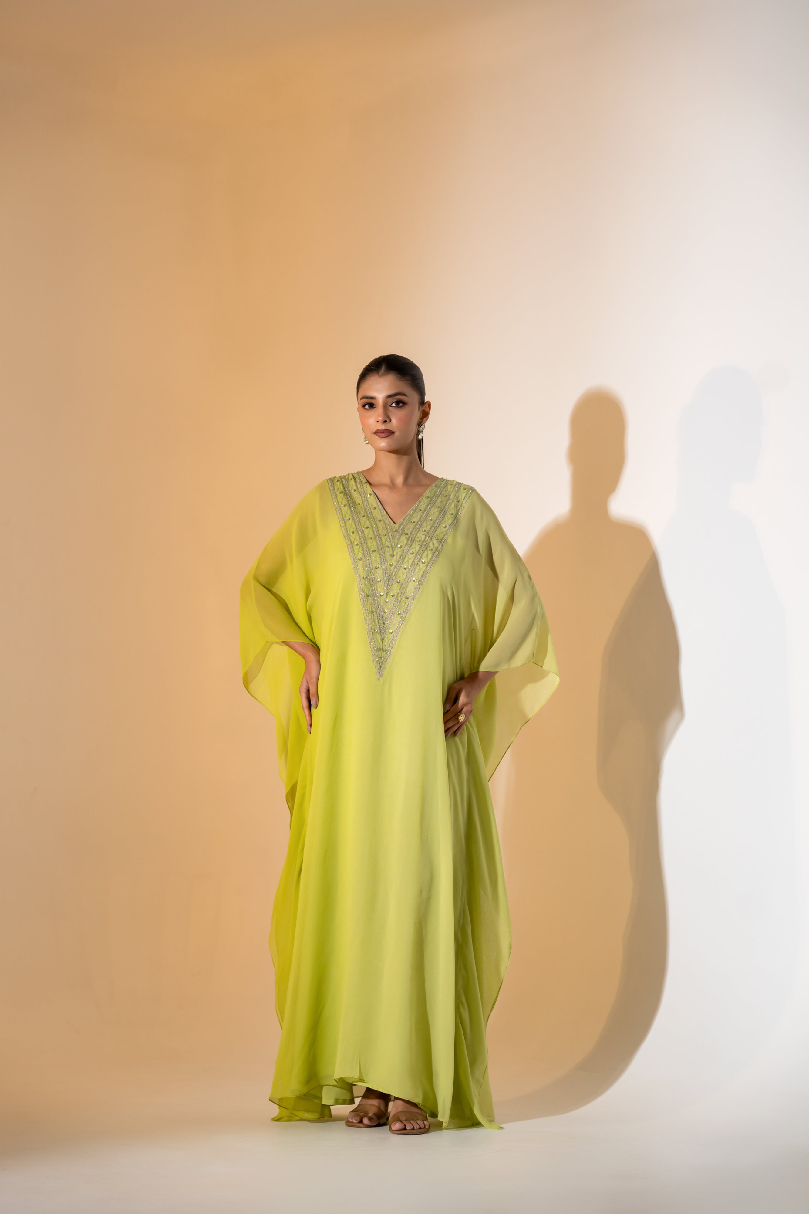 LIME GREEN OMBRE KAFTAN WITH EMBROIDERED YOKE.