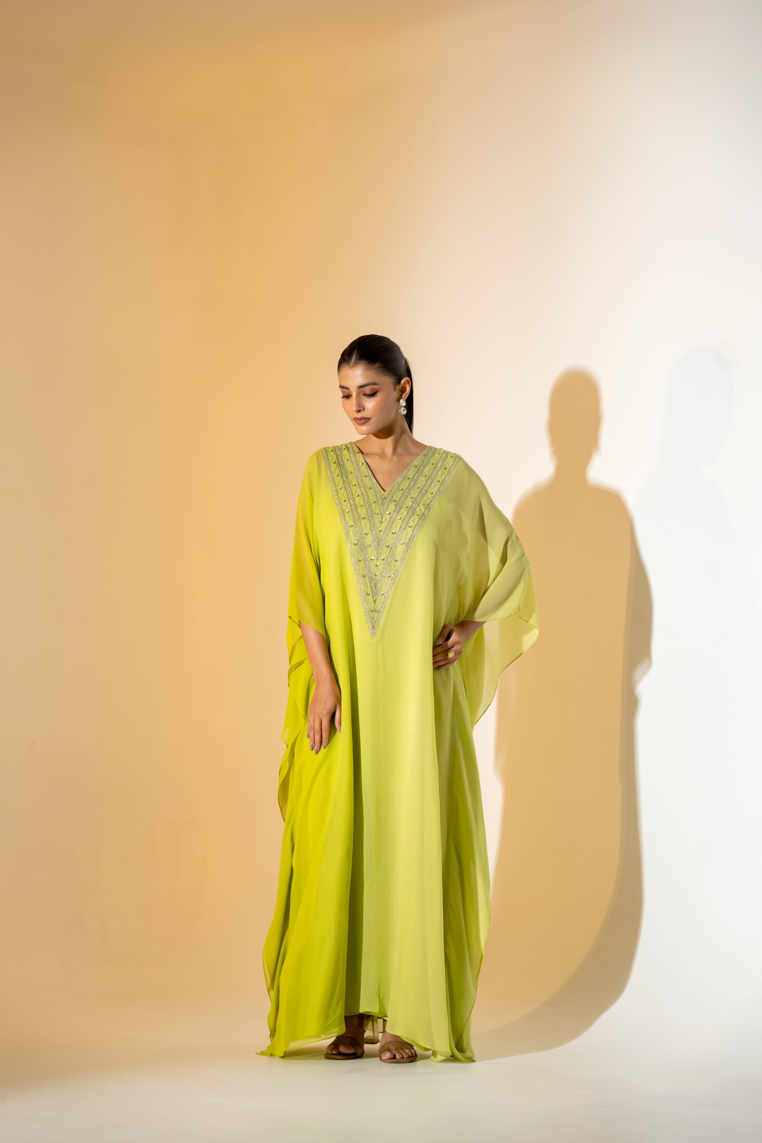 LIME GREEN OMBRE KAFTAN WITH EMBROIDERED YOKE.