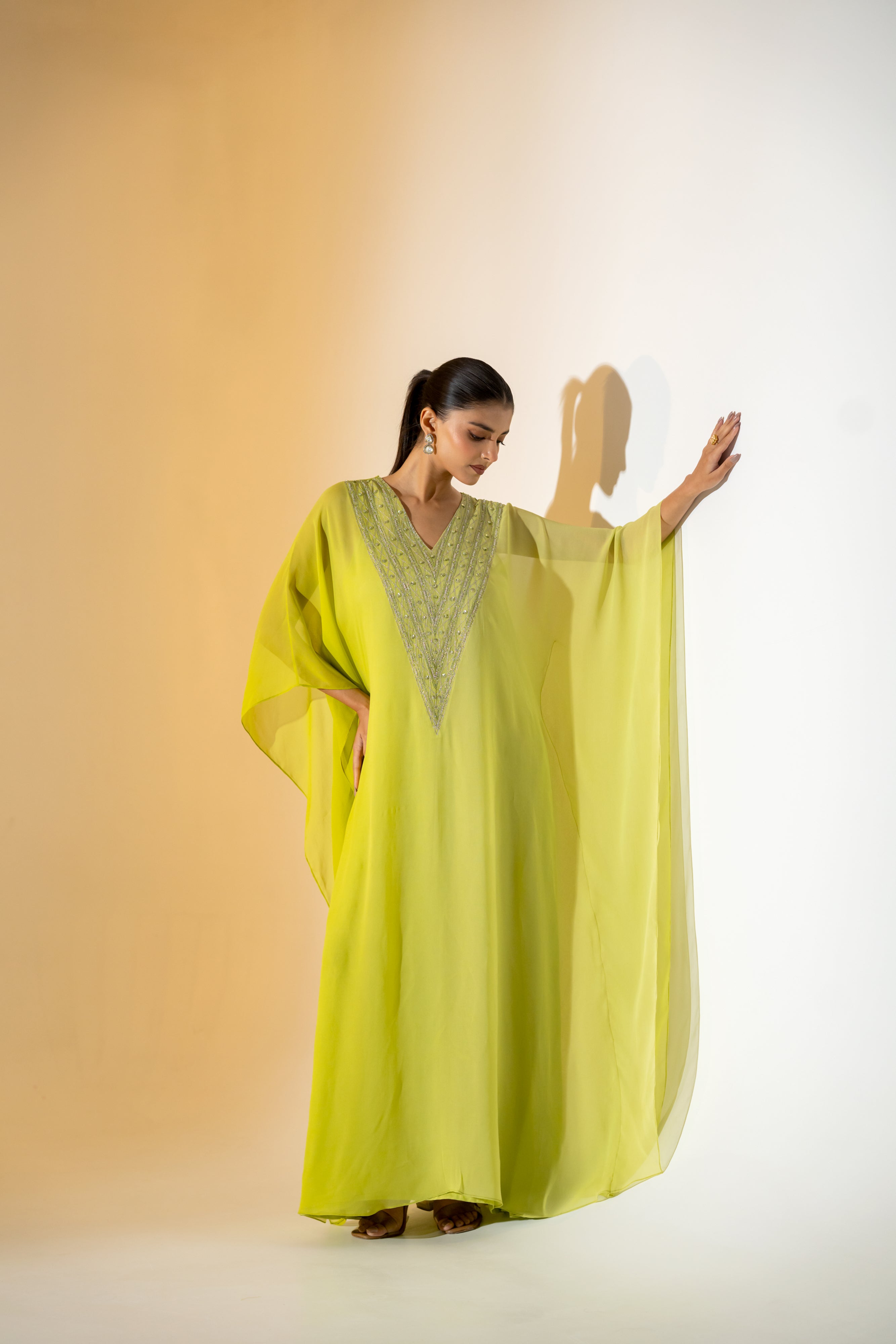 LIME GREEN OMBRE KAFTAN WITH EMBROIDERED YOKE.