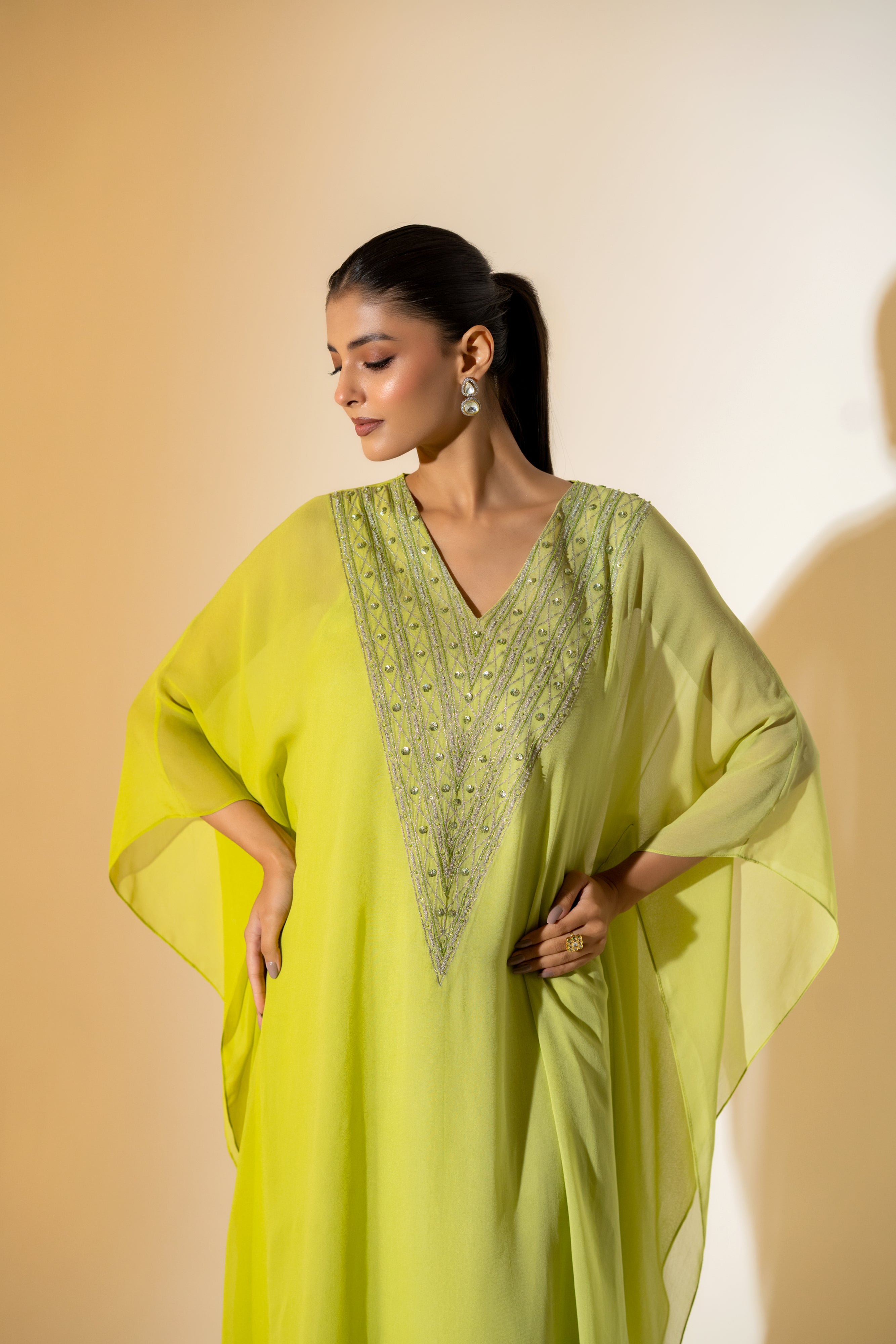 LIME GREEN OMBRE KAFTAN WITH EMBROIDERED YOKE.