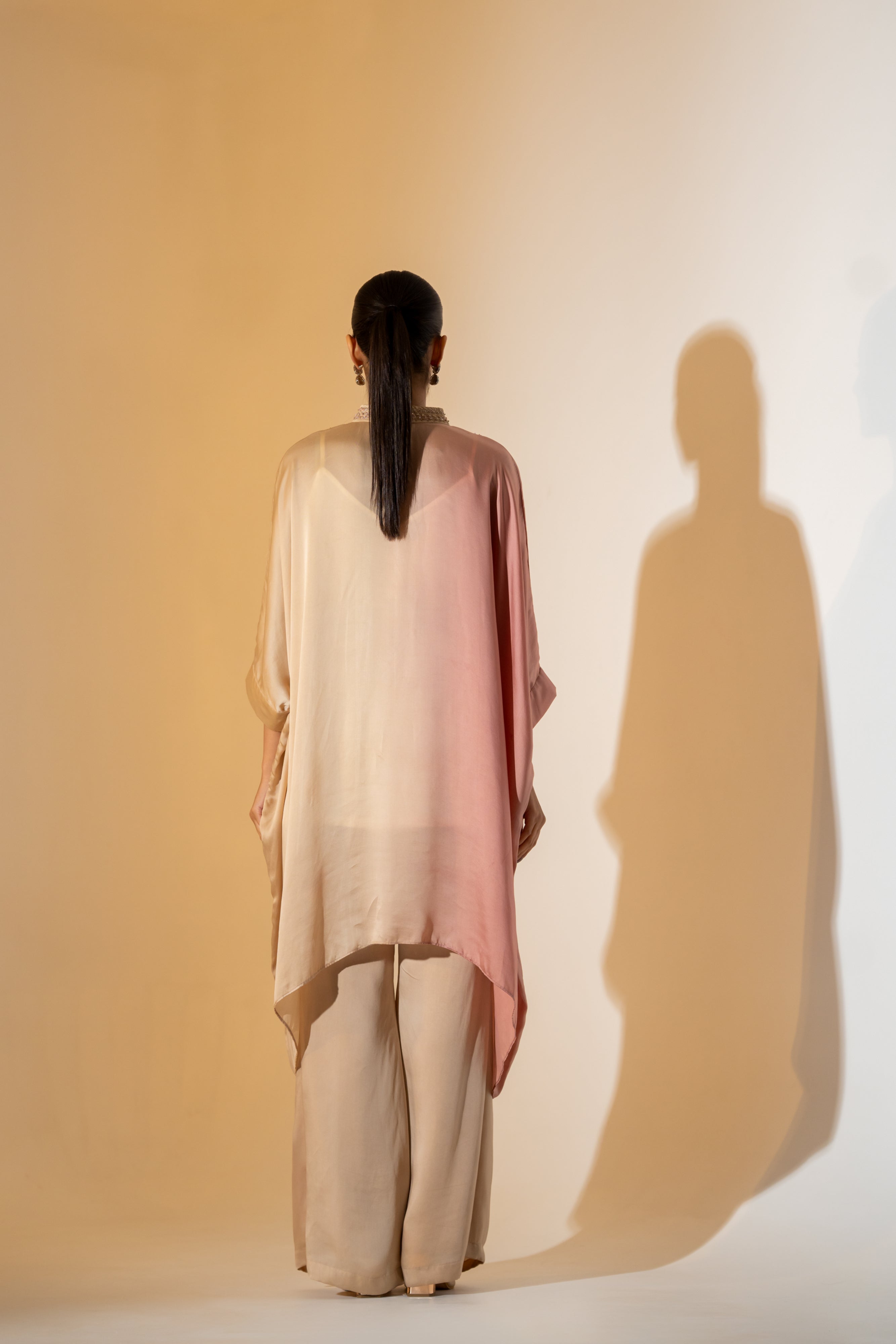 BLUSH & BEIGE SATIN CO ORD SET WITH EMBELLISHED NECKLINE.