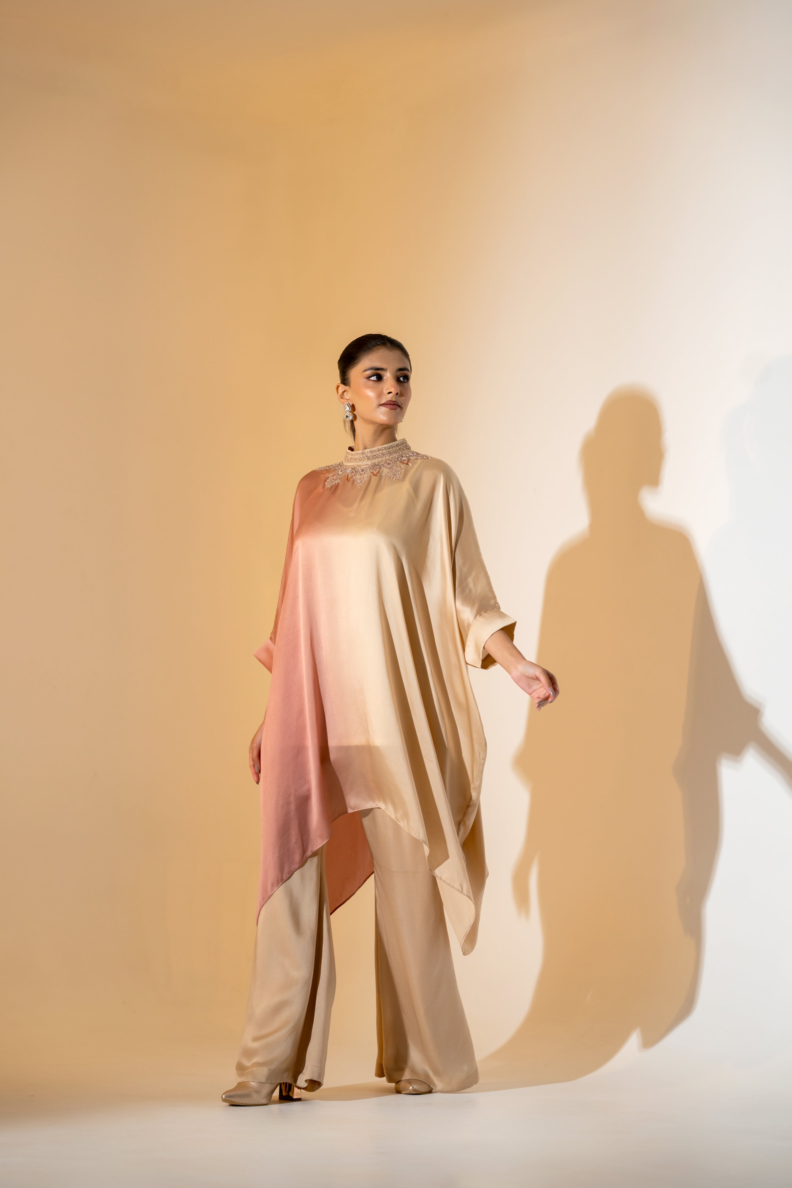 BLUSH & BEIGE SATIN CO ORD SET WITH EMBELLISHED NECKLINE.