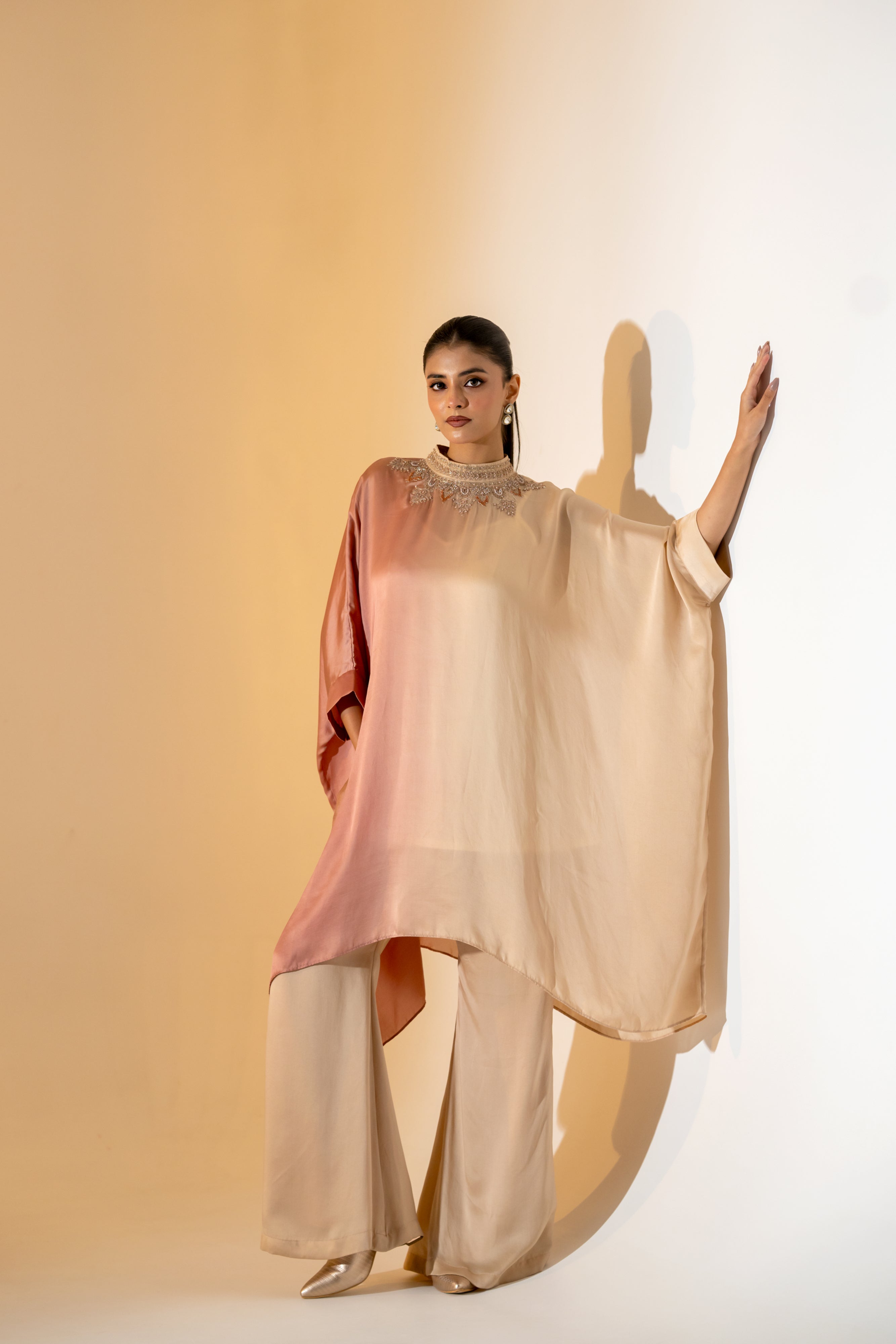 BLUSH & BEIGE SATIN CO ORD SET WITH EMBELLISHED NECKLINE.