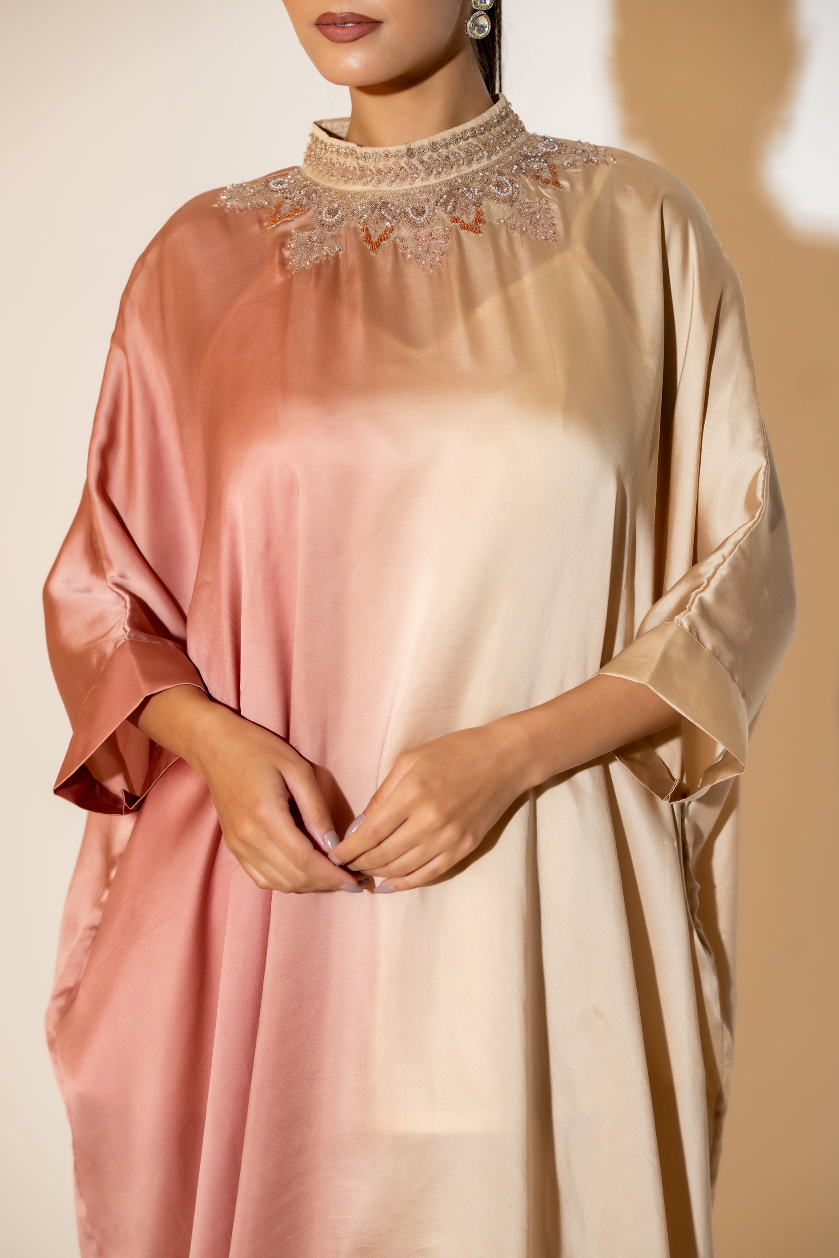 BLUSH & BEIGE SATIN CO ORD SET WITH EMBELLISHED NECKLINE.