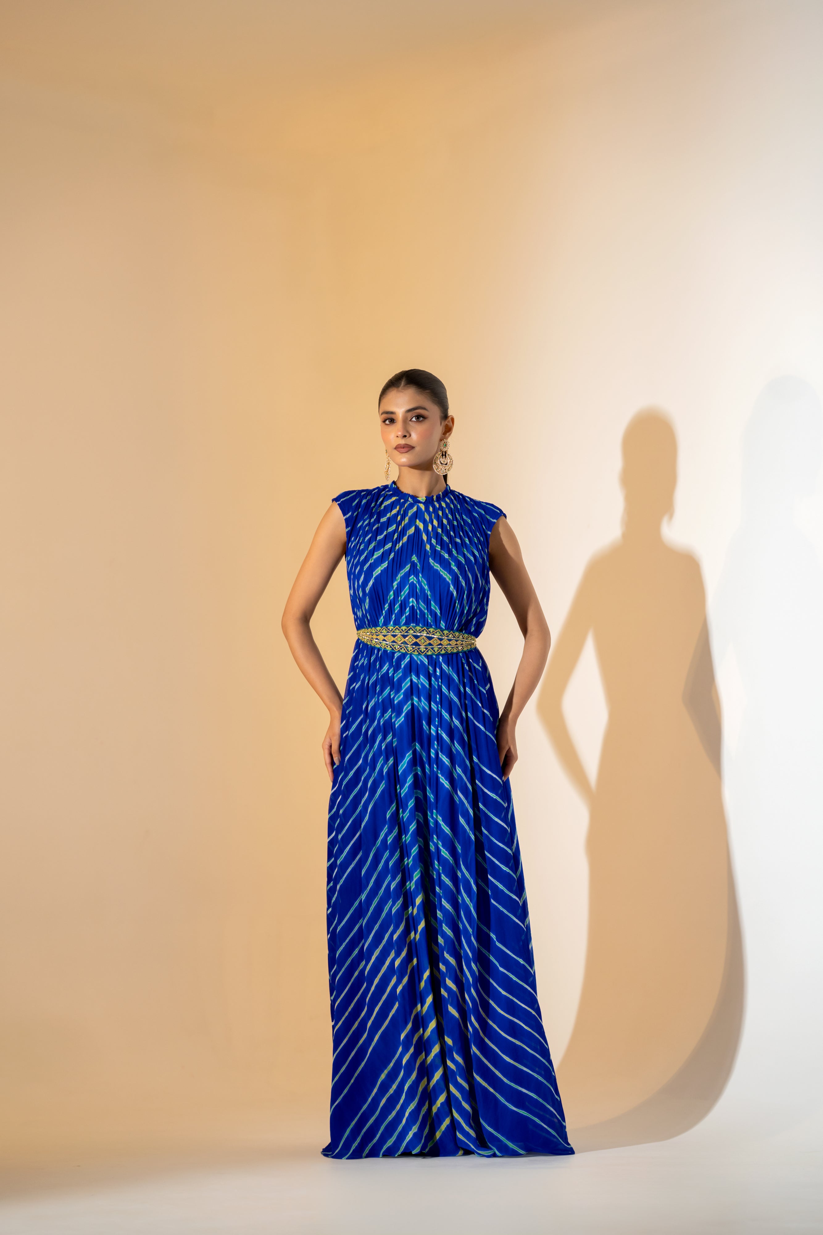 LEHERIYA DYED DRESS WITH  EMBROIDERED BELT.