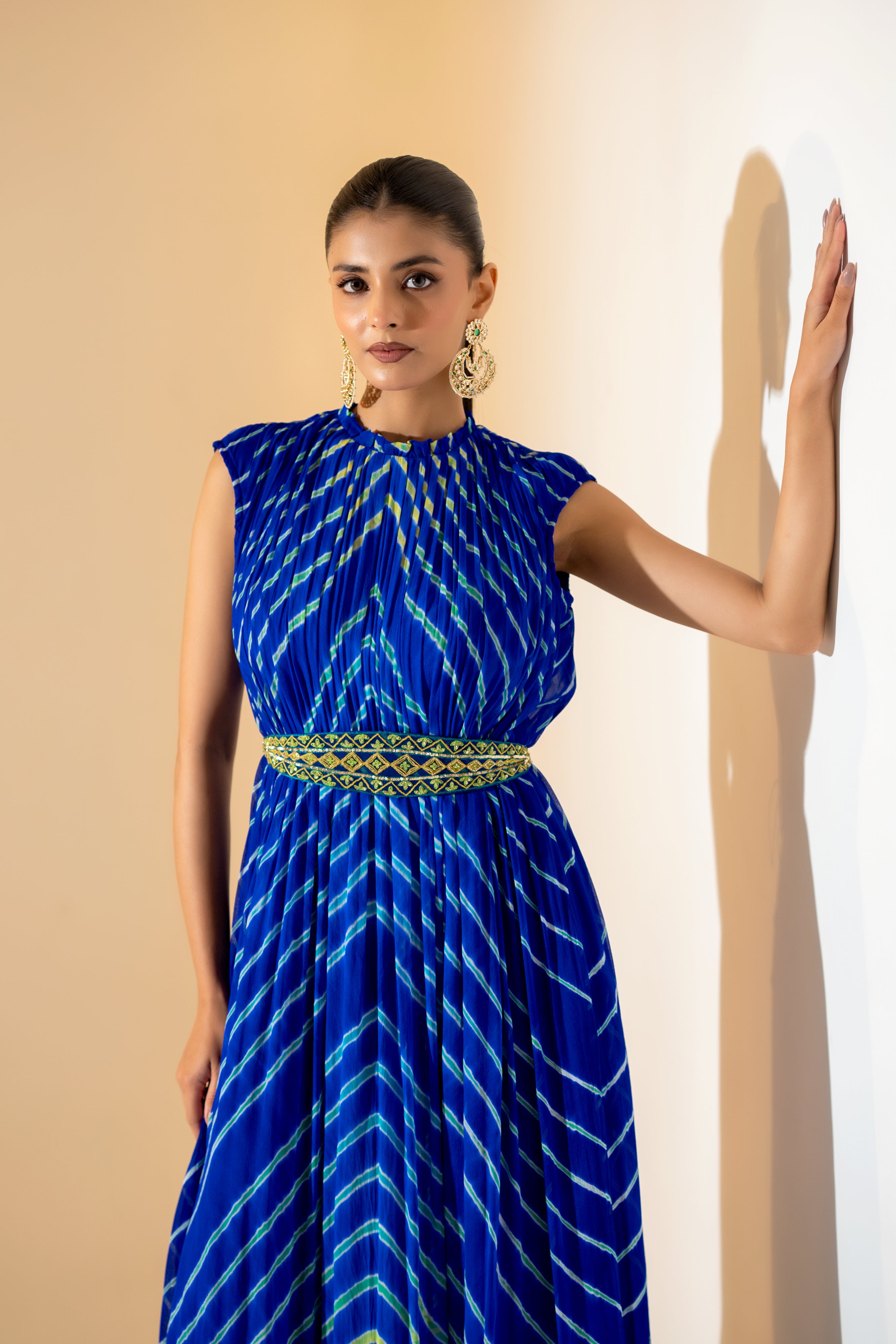 LEHERIYA DYED DRESS WITH  EMBROIDERED BELT.
