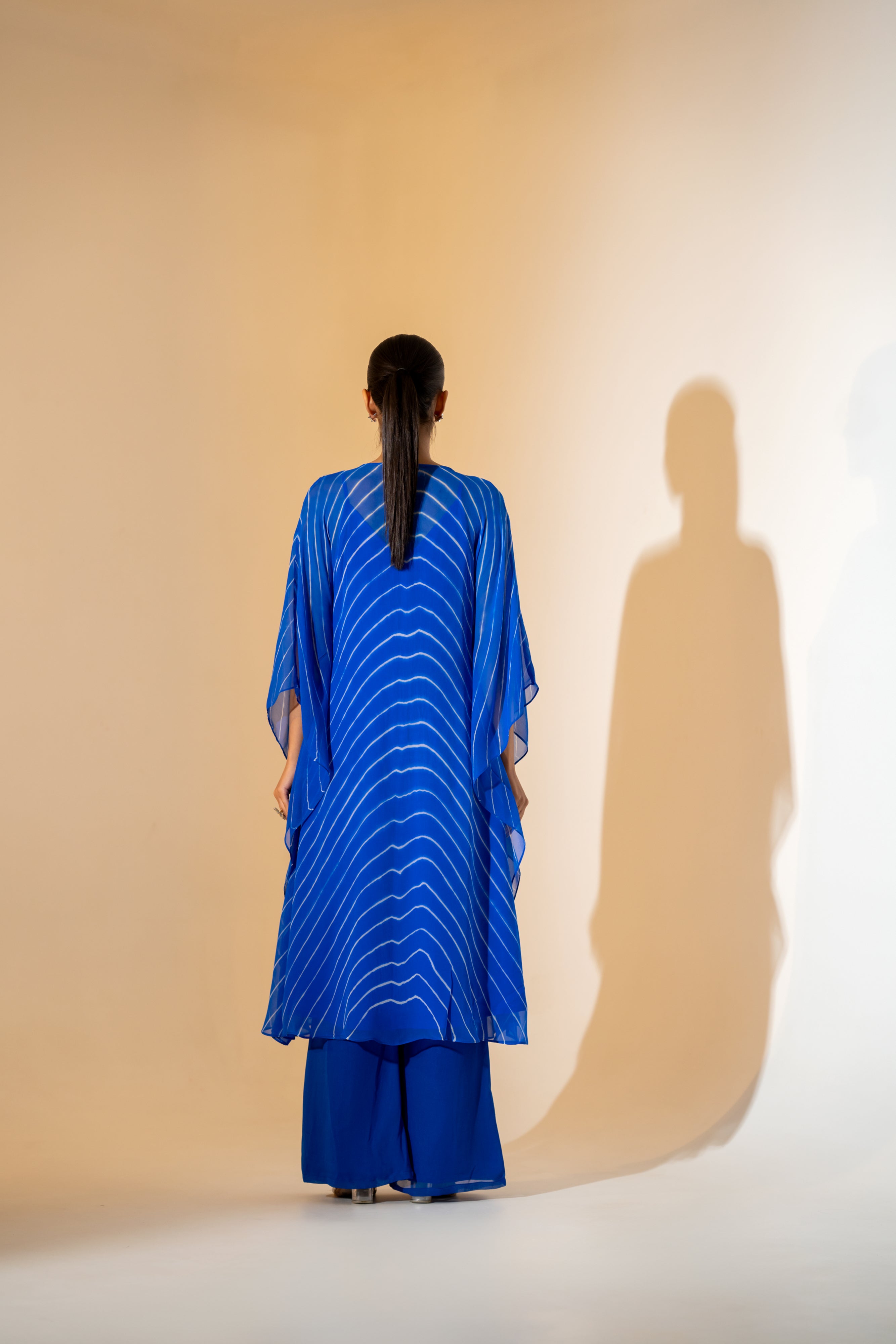 ELECTRIC BLUE LEHERIYA KAFTAN  SET WITH EMBROIDERED NECKLINE.