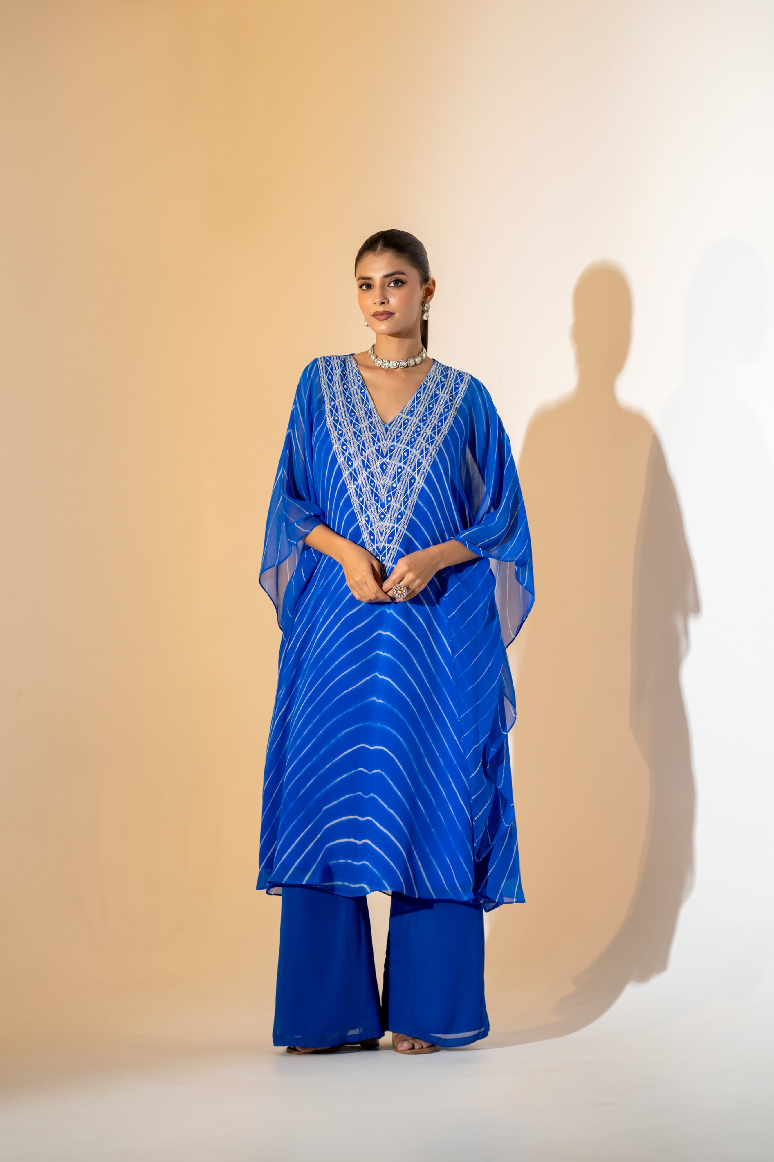 ELECTRIC BLUE LEHERIYA KAFTAN  SET WITH EMBROIDERED NECKLINE.