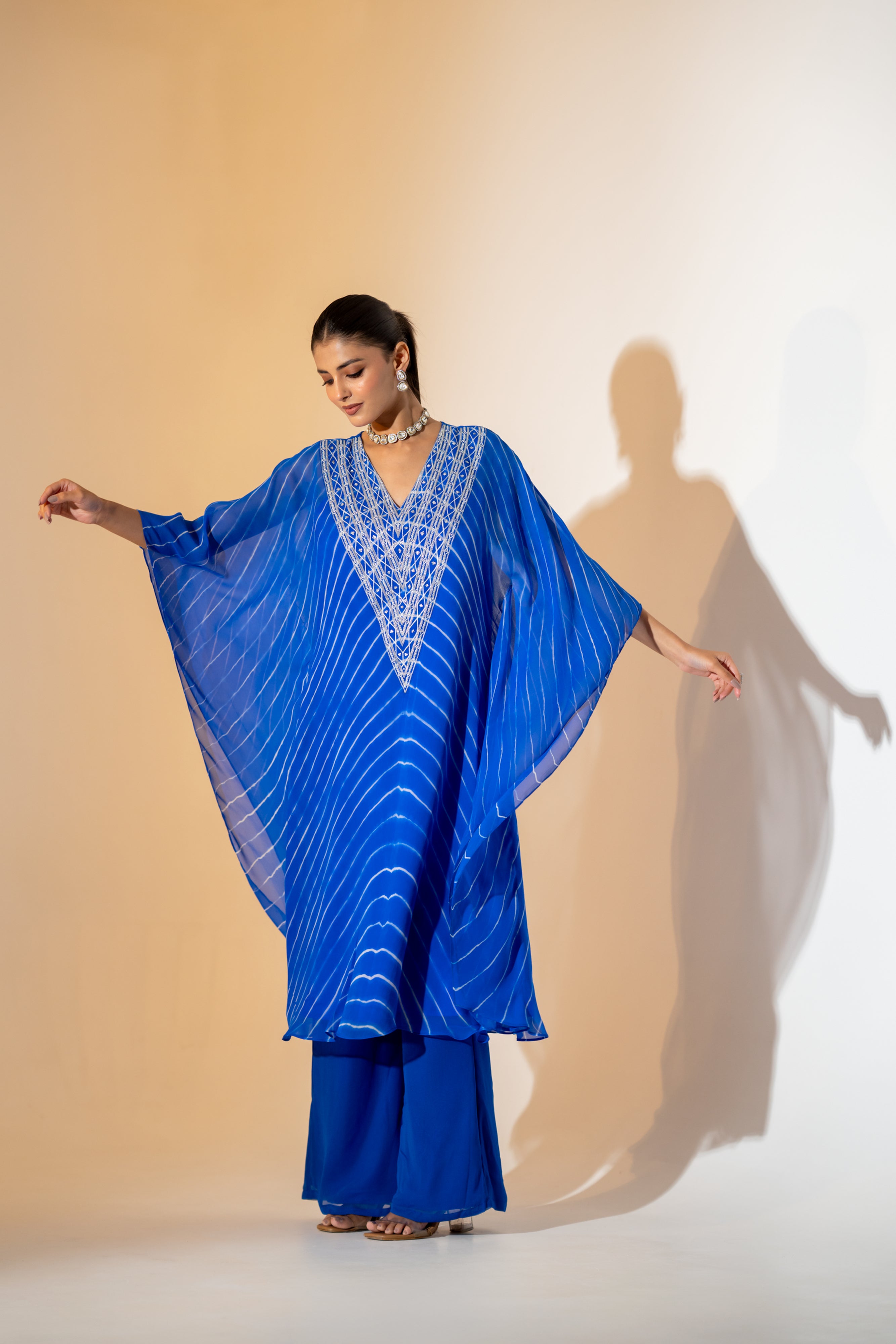 ELECTRIC BLUE LEHERIYA KAFTAN  SET WITH EMBROIDERED NECKLINE.