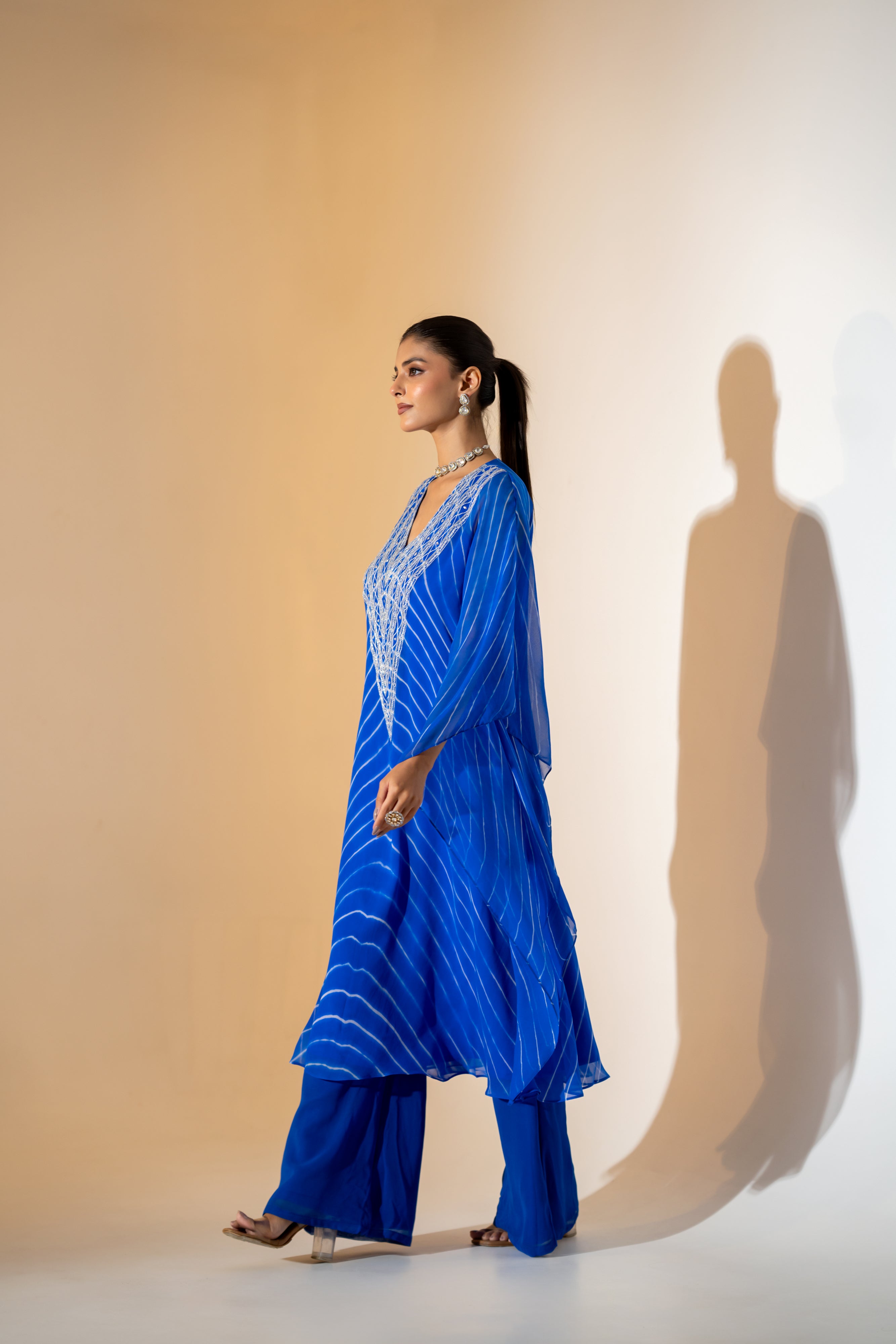 ELECTRIC BLUE LEHERIYA KAFTAN  SET WITH EMBROIDERED NECKLINE.
