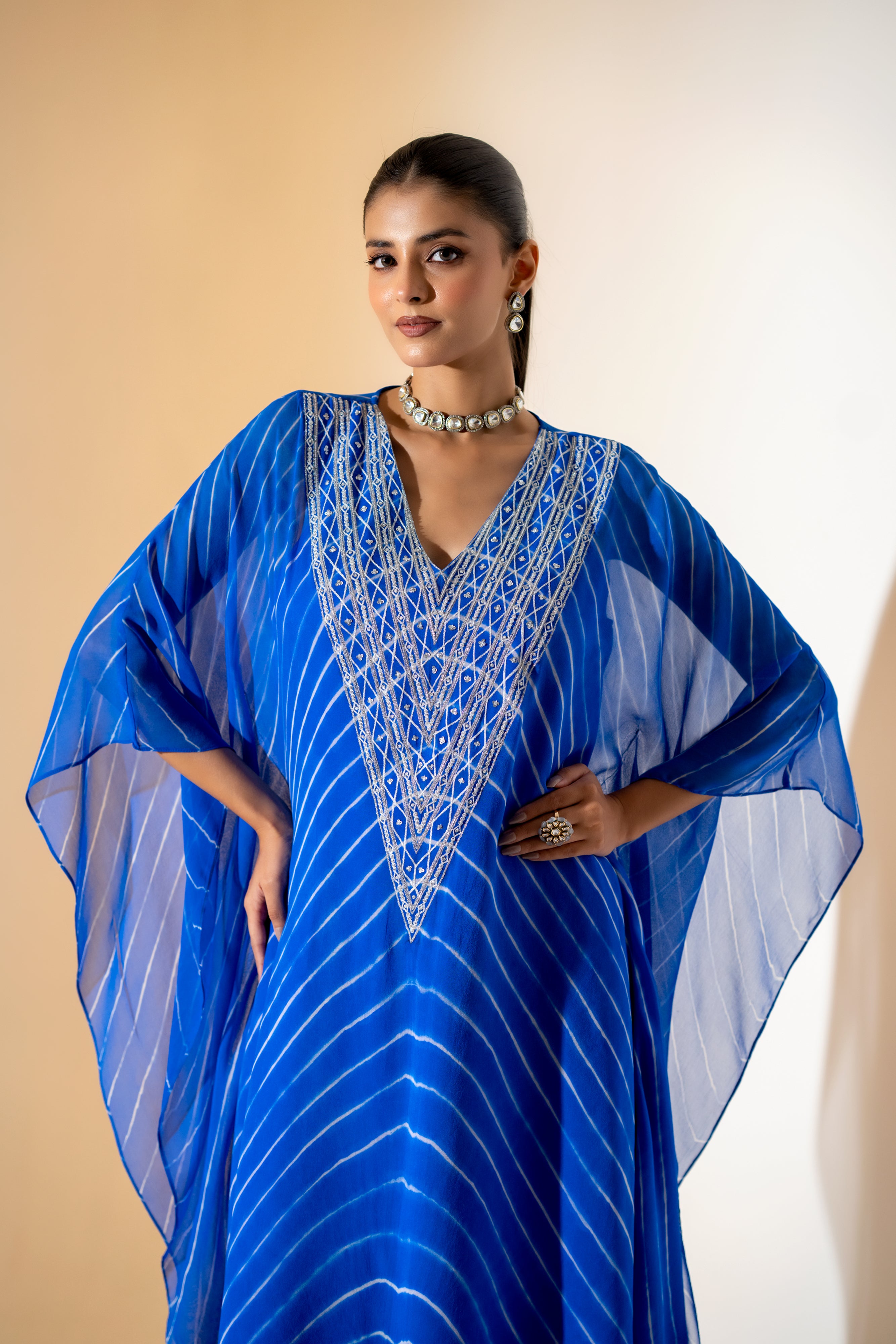 ELECTRIC BLUE LEHERIYA KAFTAN  SET WITH EMBROIDERED NECKLINE.