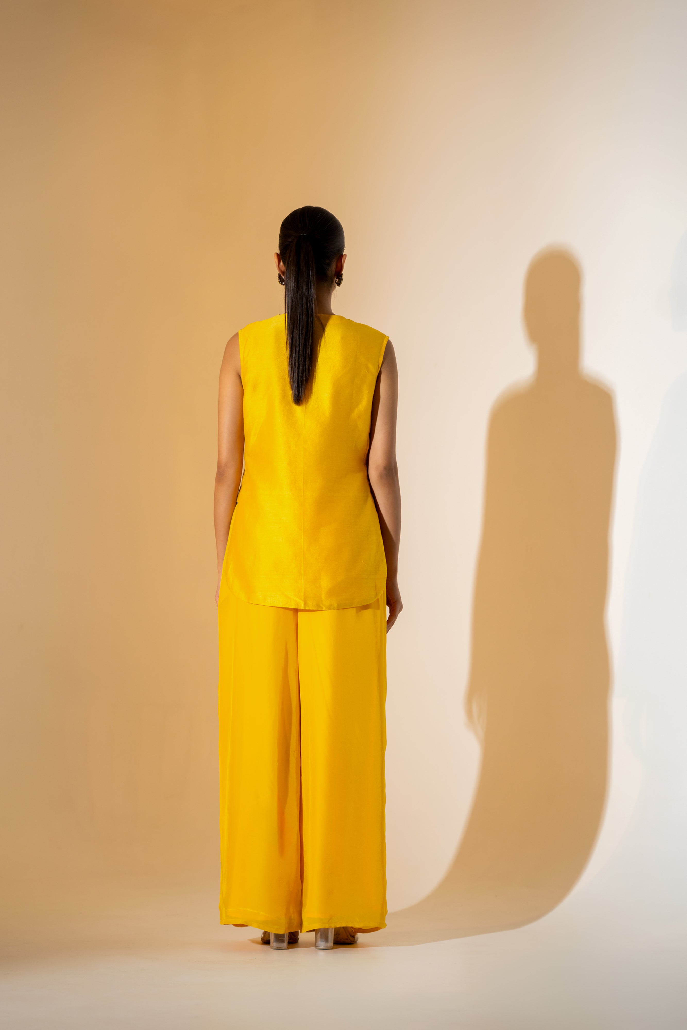 SUNNY YELLOW CO-ORD SET WITH  CONTRASTING GREEN FESTIVE EMBROIDERY.