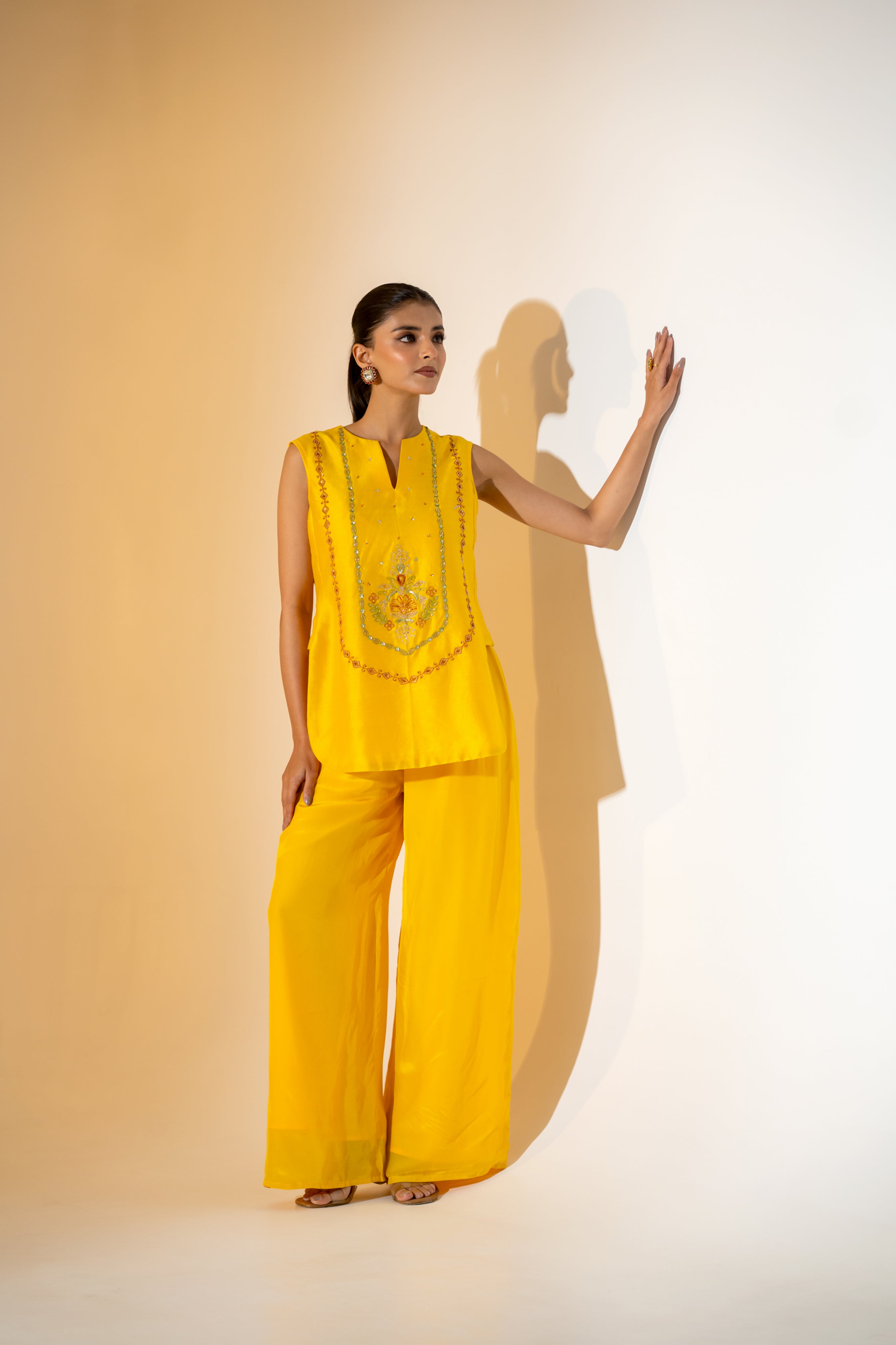SUNNY YELLOW CO-ORD SET WITH  CONTRASTING GREEN FESTIVE EMBROIDERY.