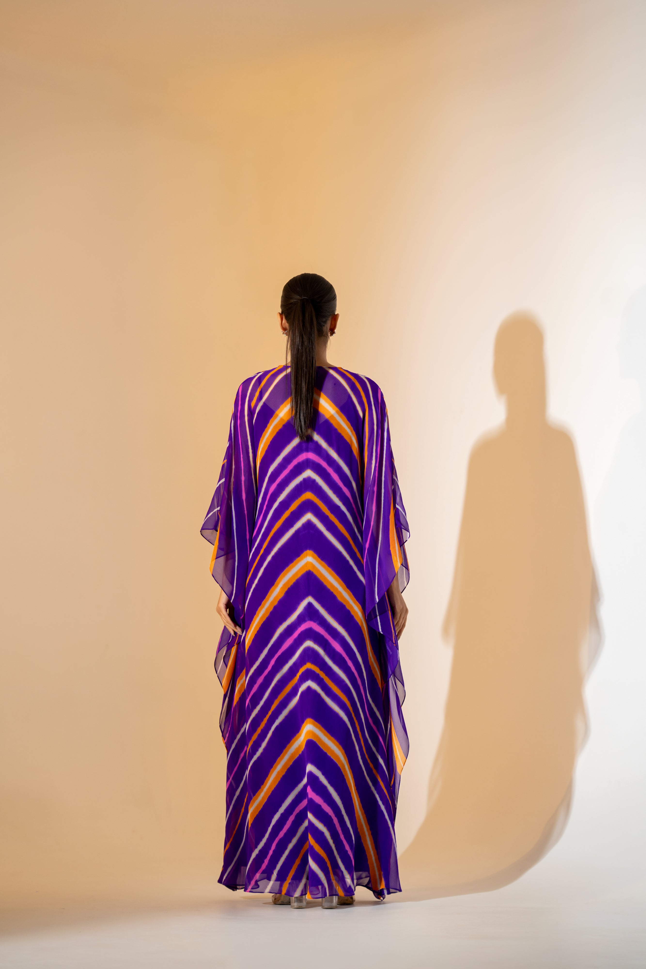 PURPLE MULTITONE LEHERIYA KAFTAN WITH EMBROIDERED NECKLINE.