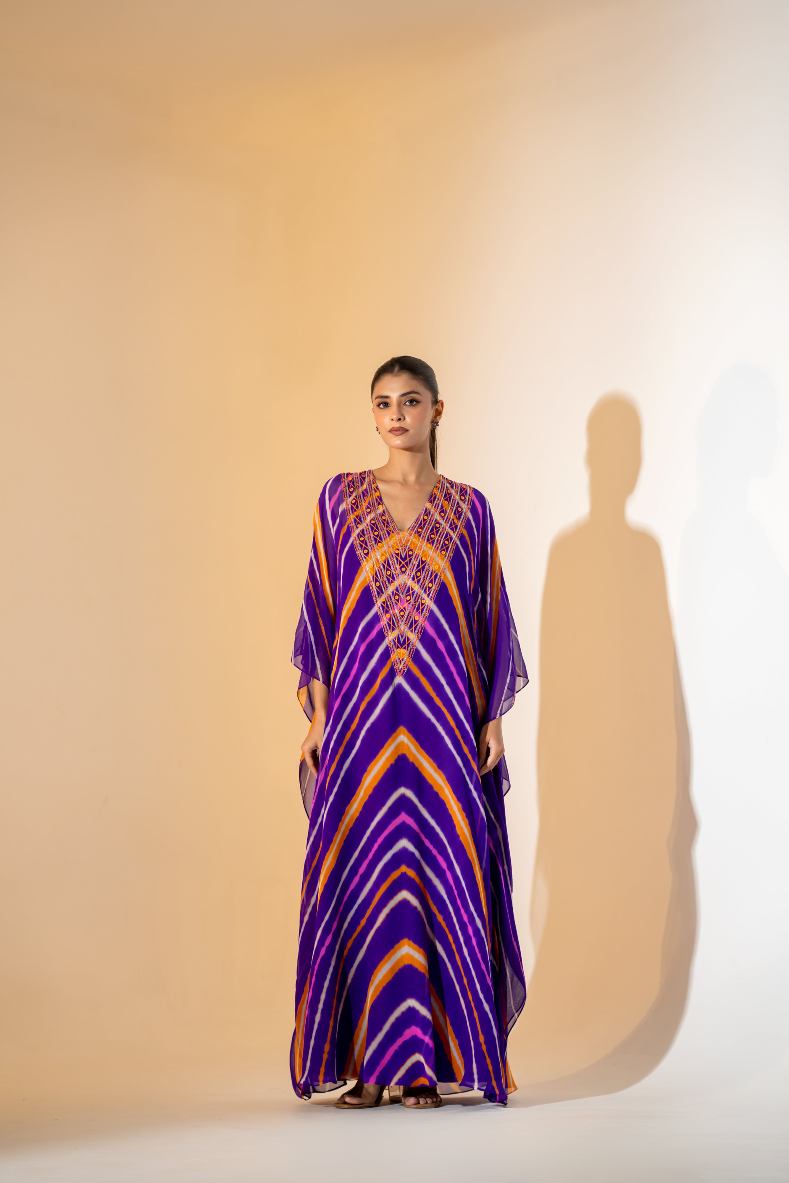 PURPLE MULTITONE LEHERIYA KAFTAN WITH EMBROIDERED NECKLINE.
