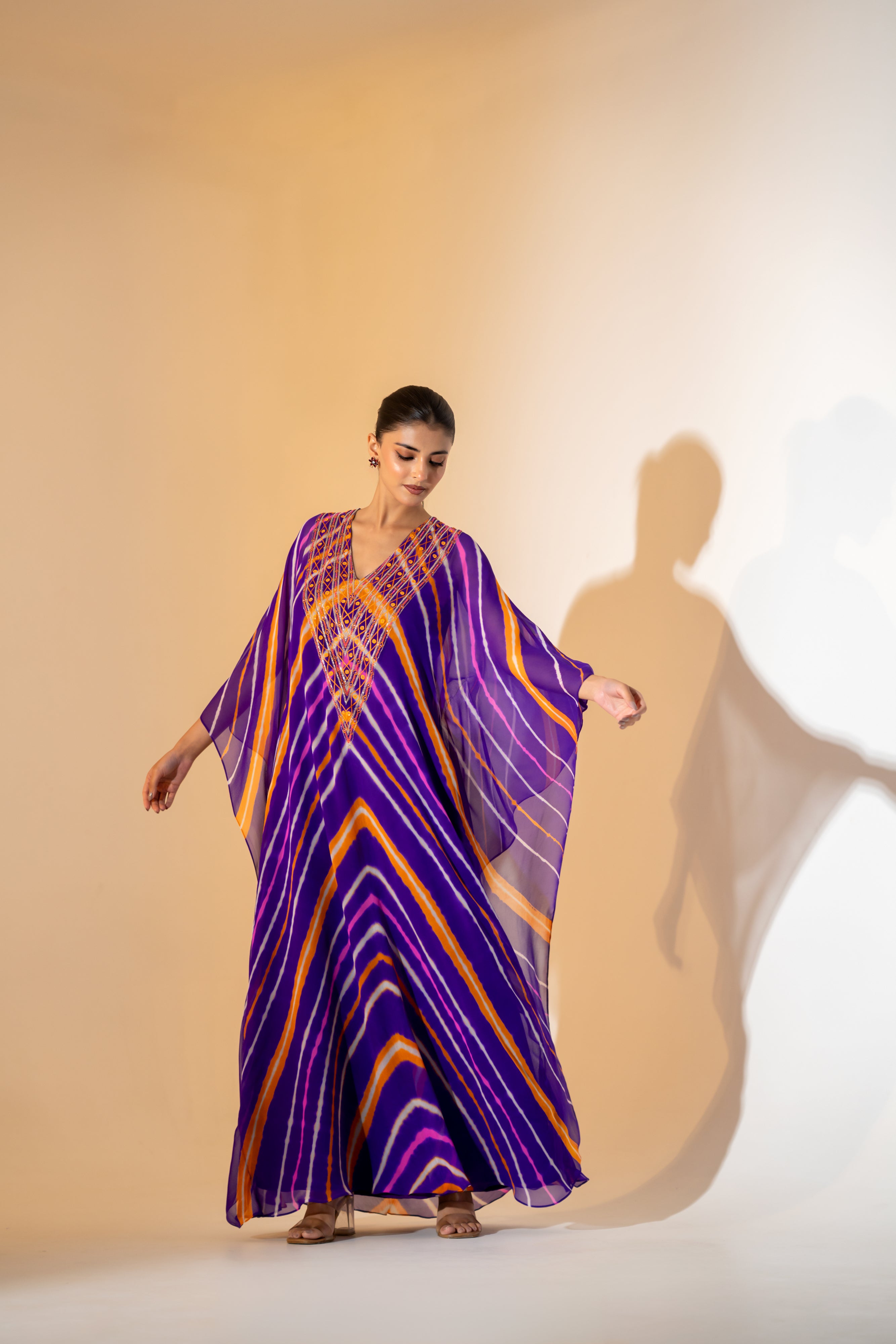 PURPLE MULTITONE LEHERIYA KAFTAN WITH EMBROIDERED NECKLINE.