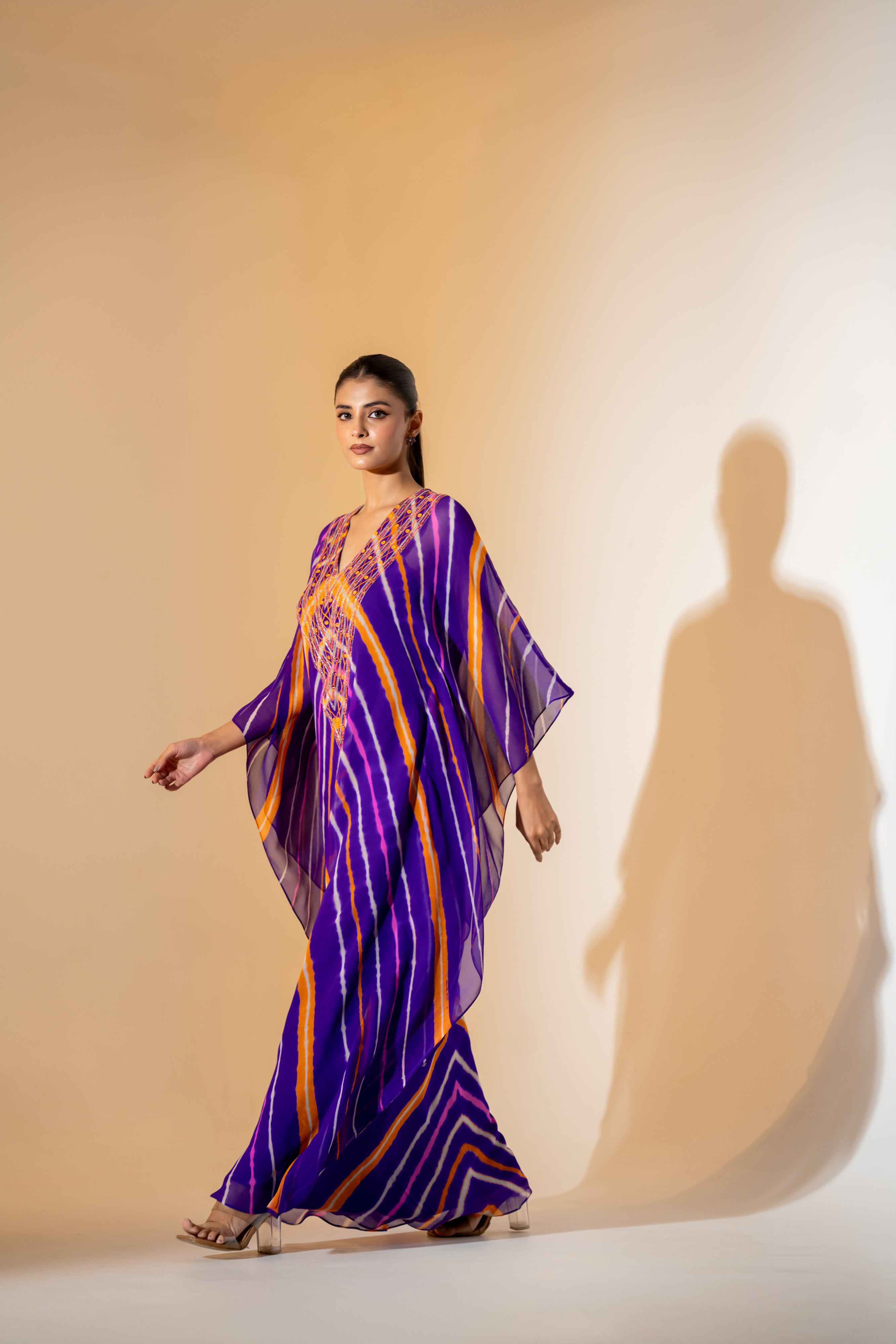 PURPLE MULTITONE LEHERIYA KAFTAN WITH EMBROIDERED NECKLINE.