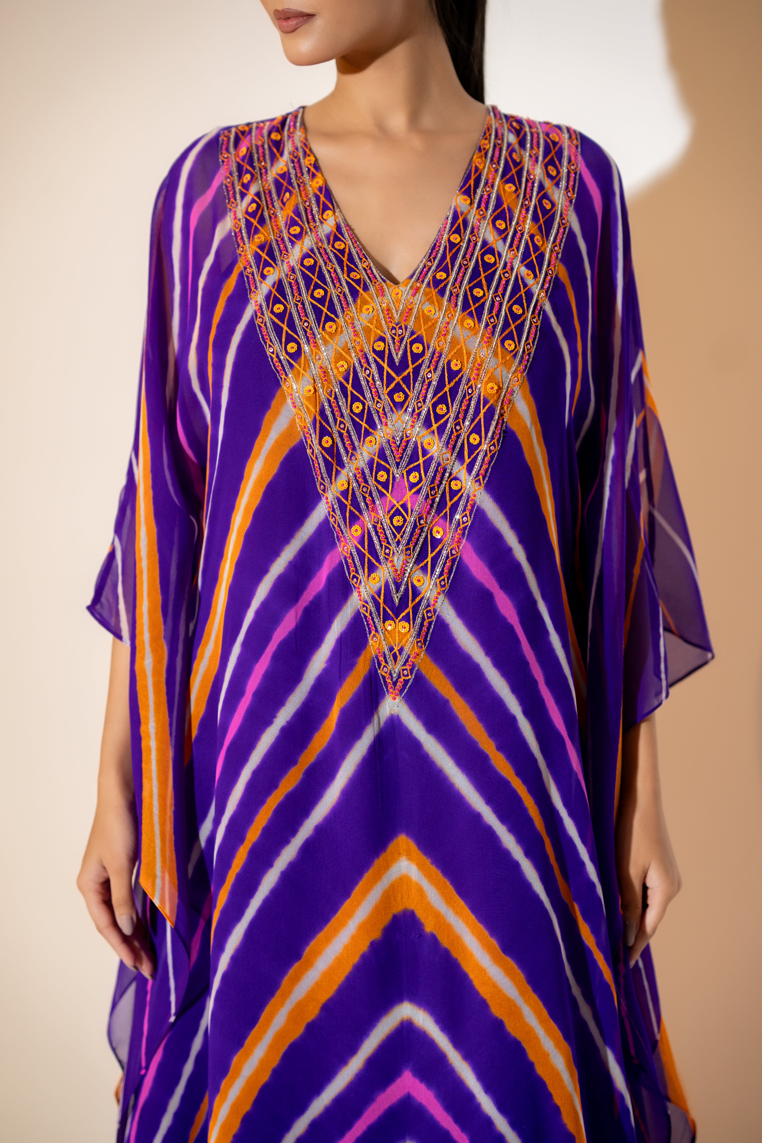PURPLE MULTITONE LEHERIYA KAFTAN WITH EMBROIDERED NECKLINE.