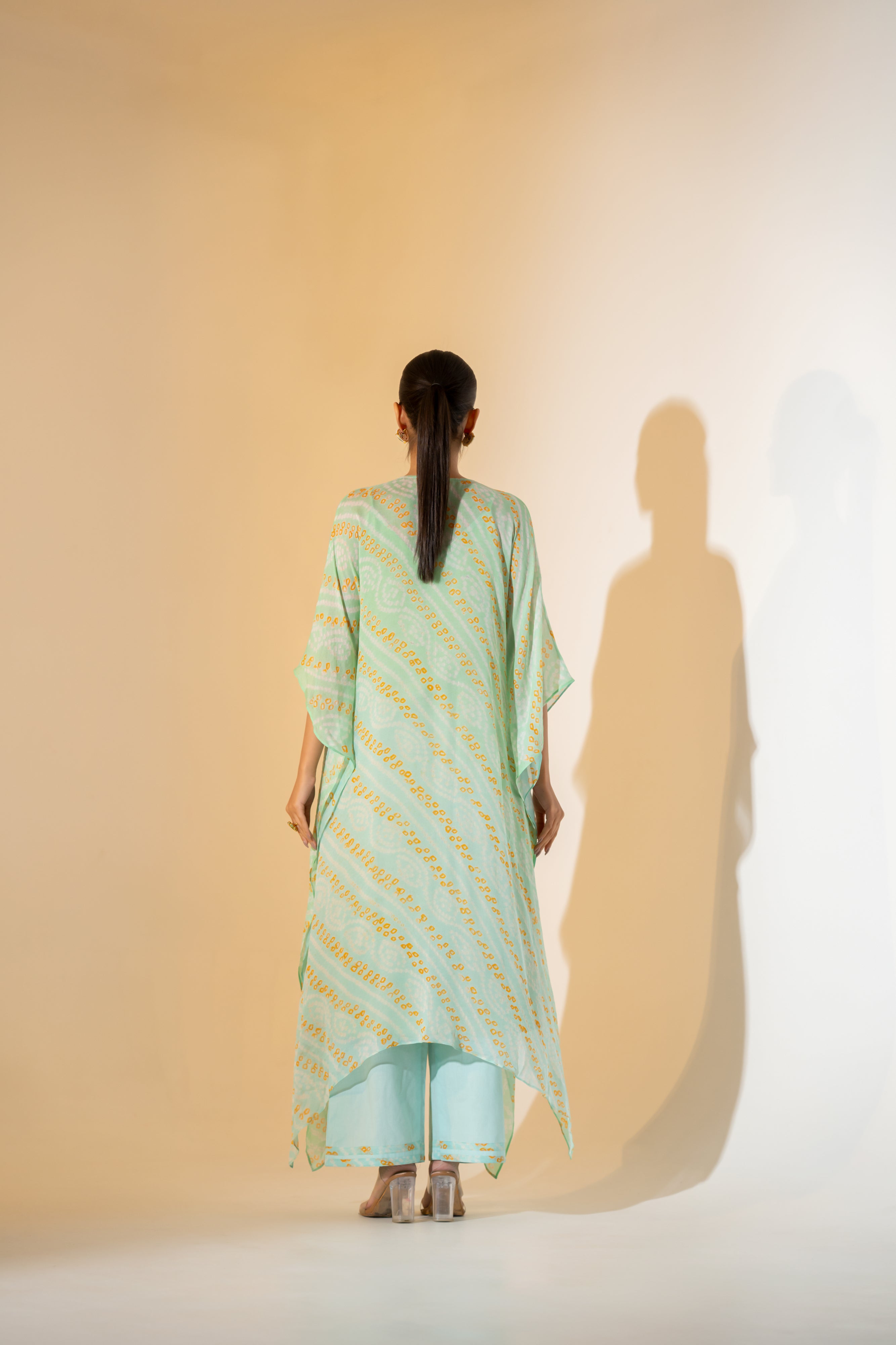 AQUA BLUE  BANDHNI KAFTAN SET WITH EMBROIDERED YOKE.