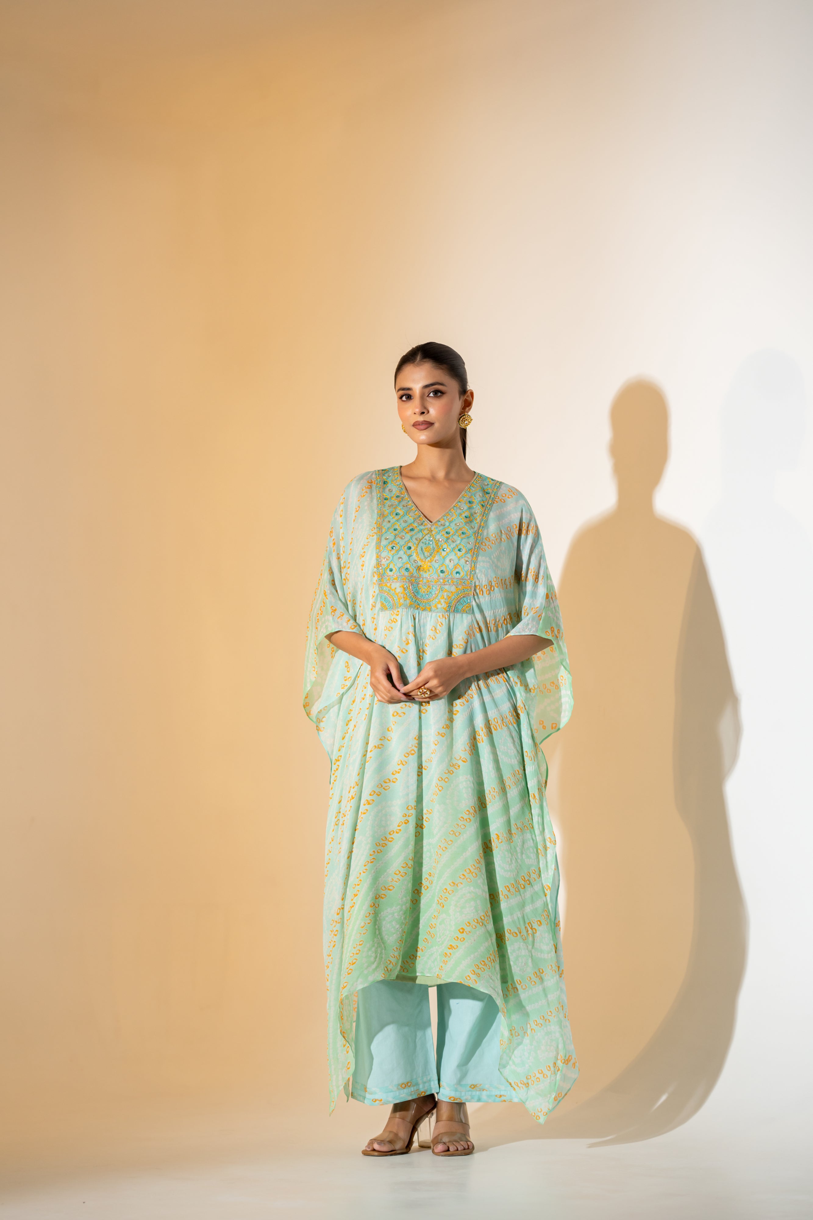 AQUA BLUE  BANDHNI KAFTAN SET WITH EMBROIDERED YOKE.