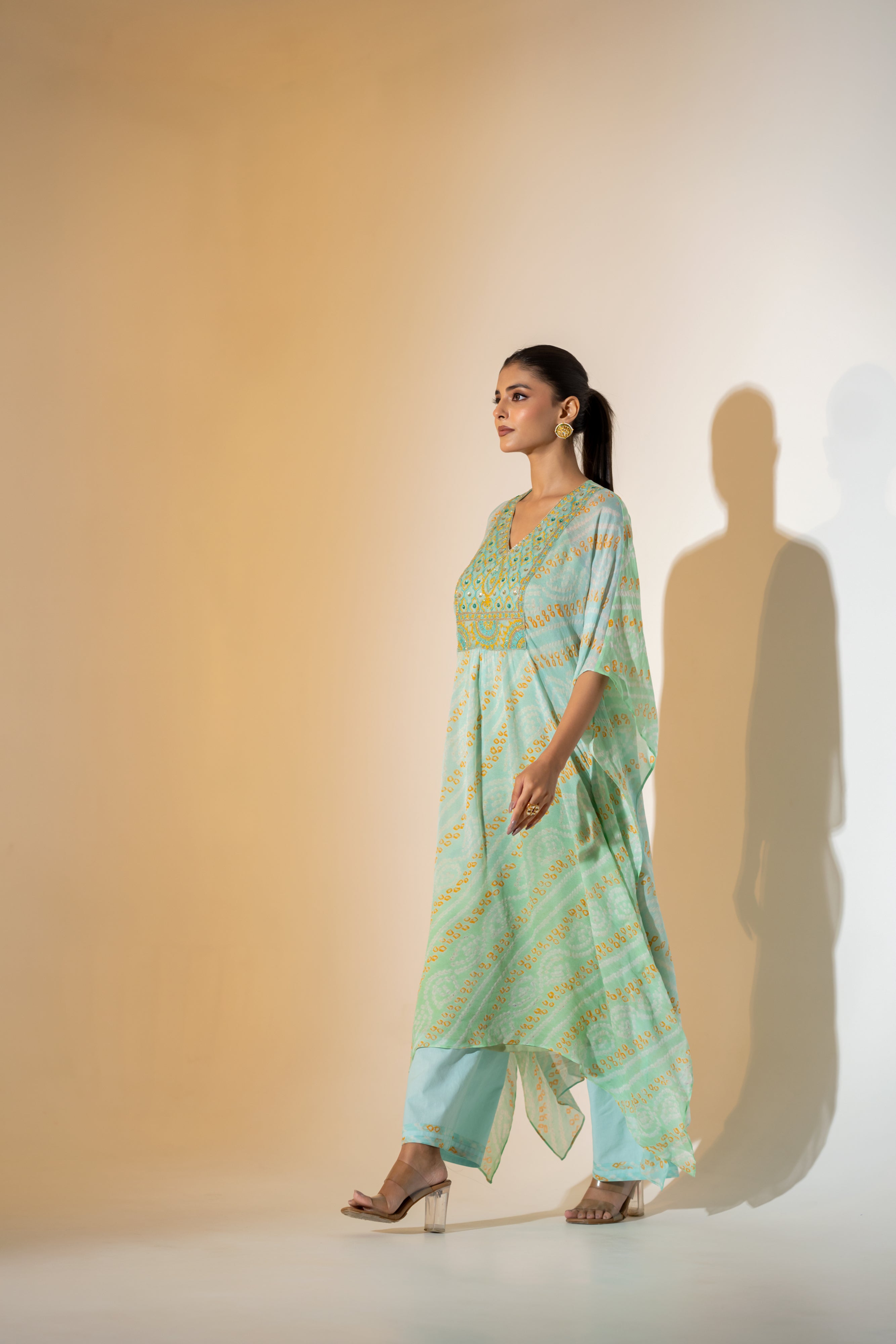 AQUA BLUE  BANDHNI KAFTAN SET WITH EMBROIDERED YOKE.