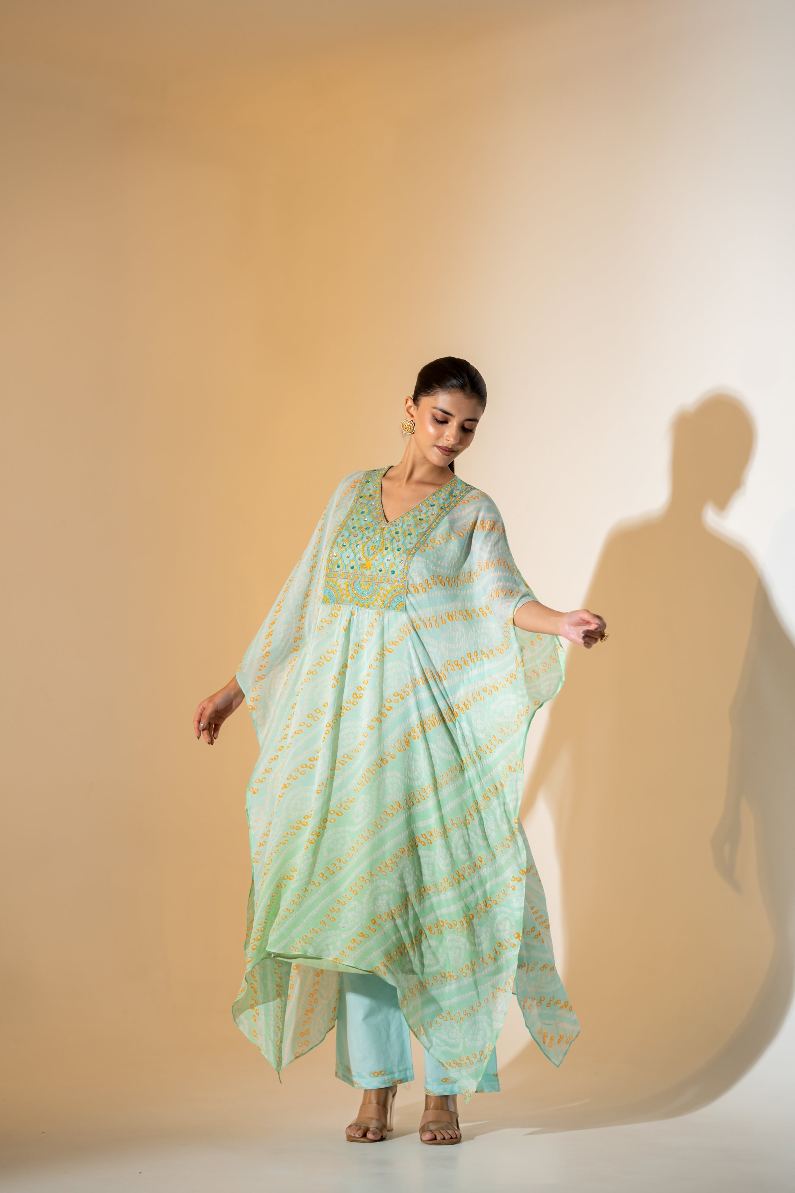 AQUA BLUE  BANDHNI KAFTAN SET WITH EMBROIDERED YOKE.
