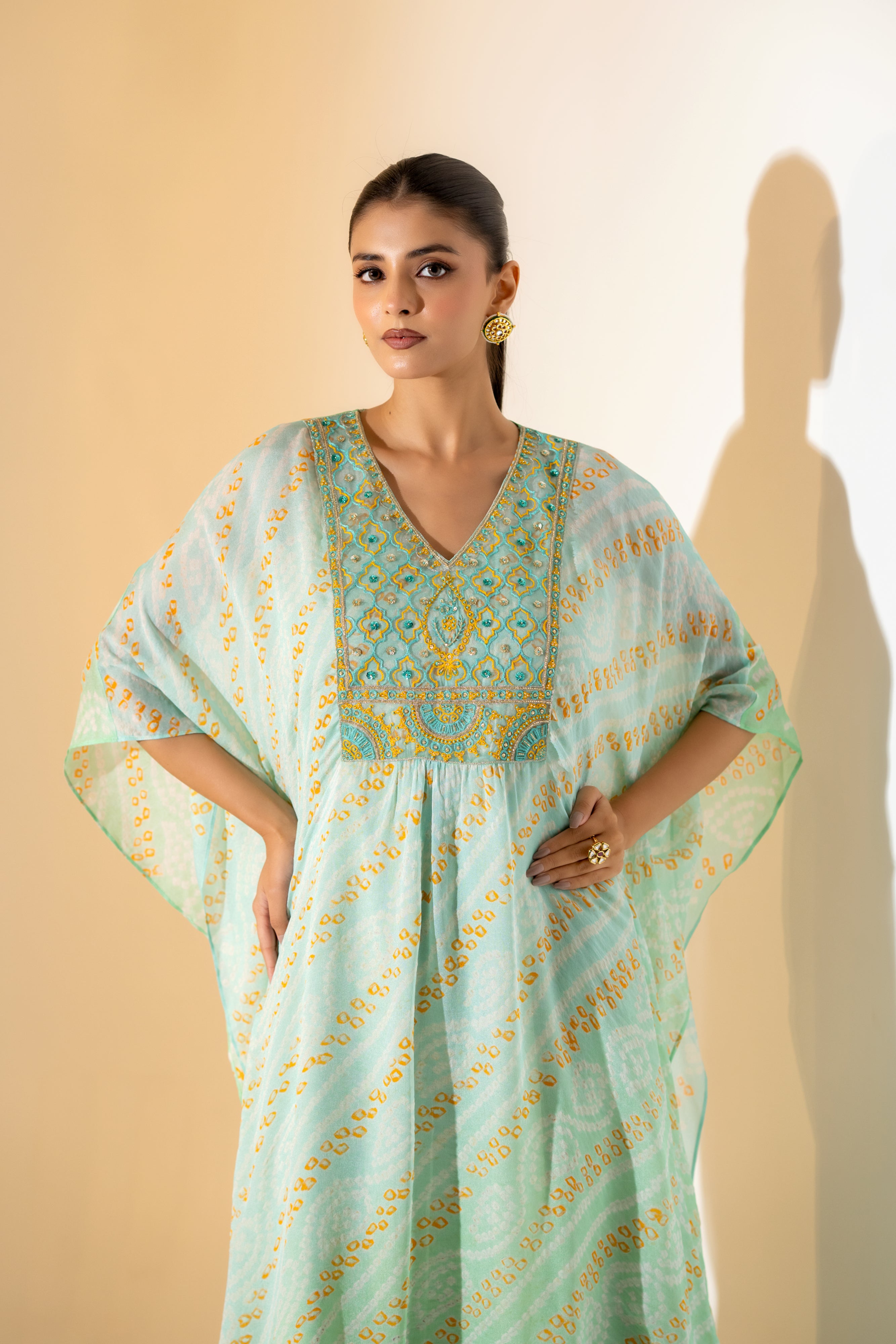 AQUA BLUE  BANDHNI KAFTAN SET WITH EMBROIDERED YOKE.
