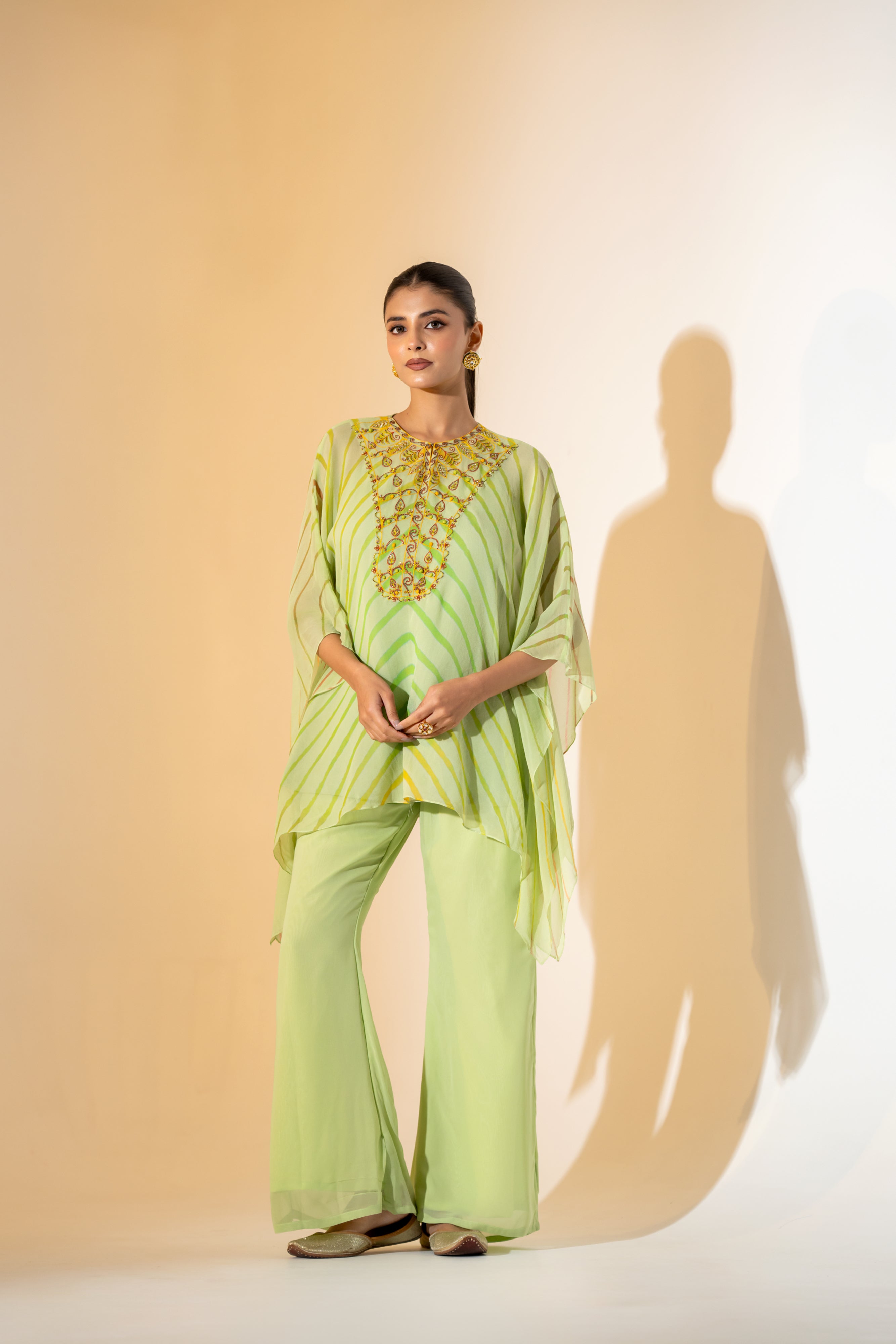LIME GREEN EMBELLISHED KAFTAN CO-ORD SET