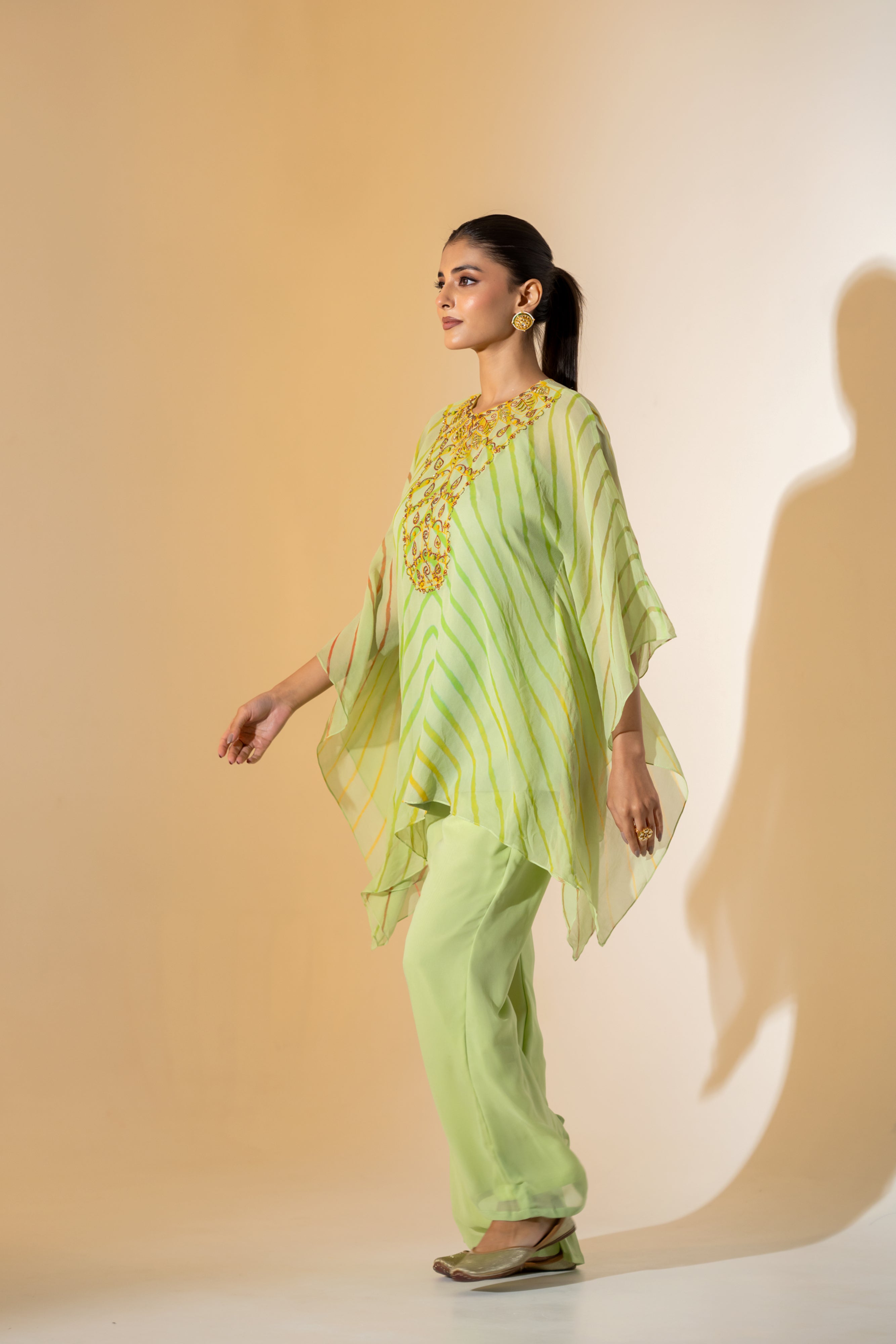 LIME GREEN EMBELLISHED KAFTAN CO-ORD SET