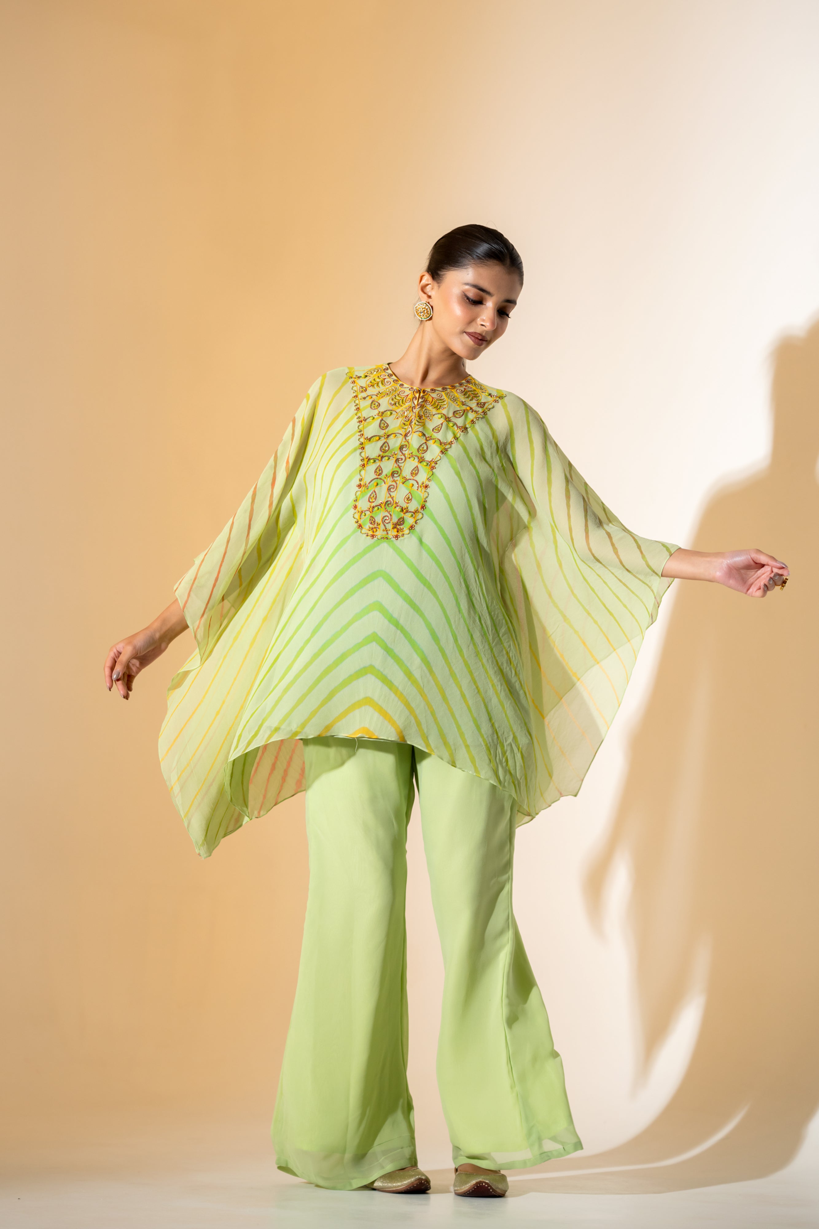 LIME GREEN EMBELLISHED KAFTAN CO-ORD SET