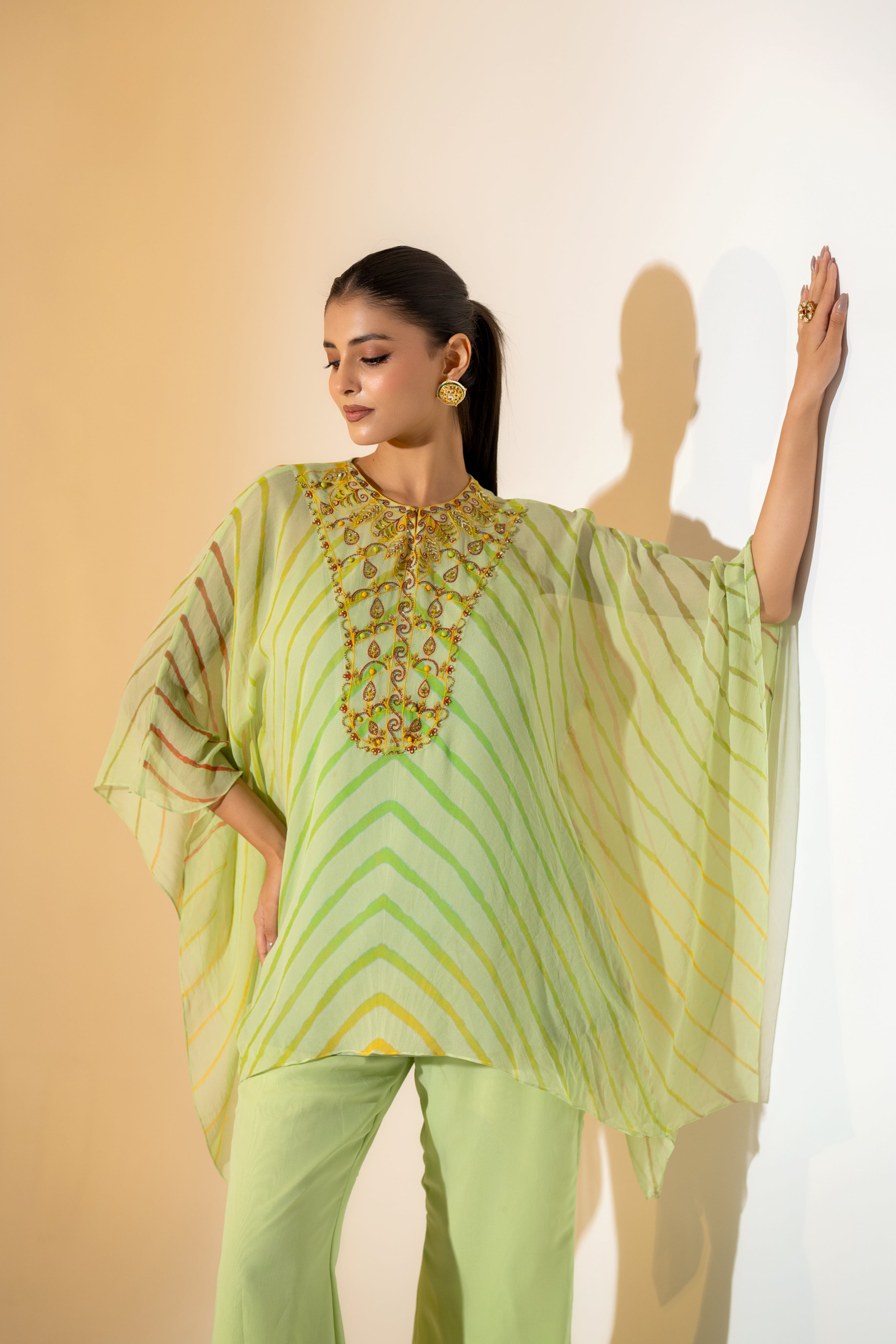 LIME GREEN EMBELLISHED KAFTAN CO-ORD SET