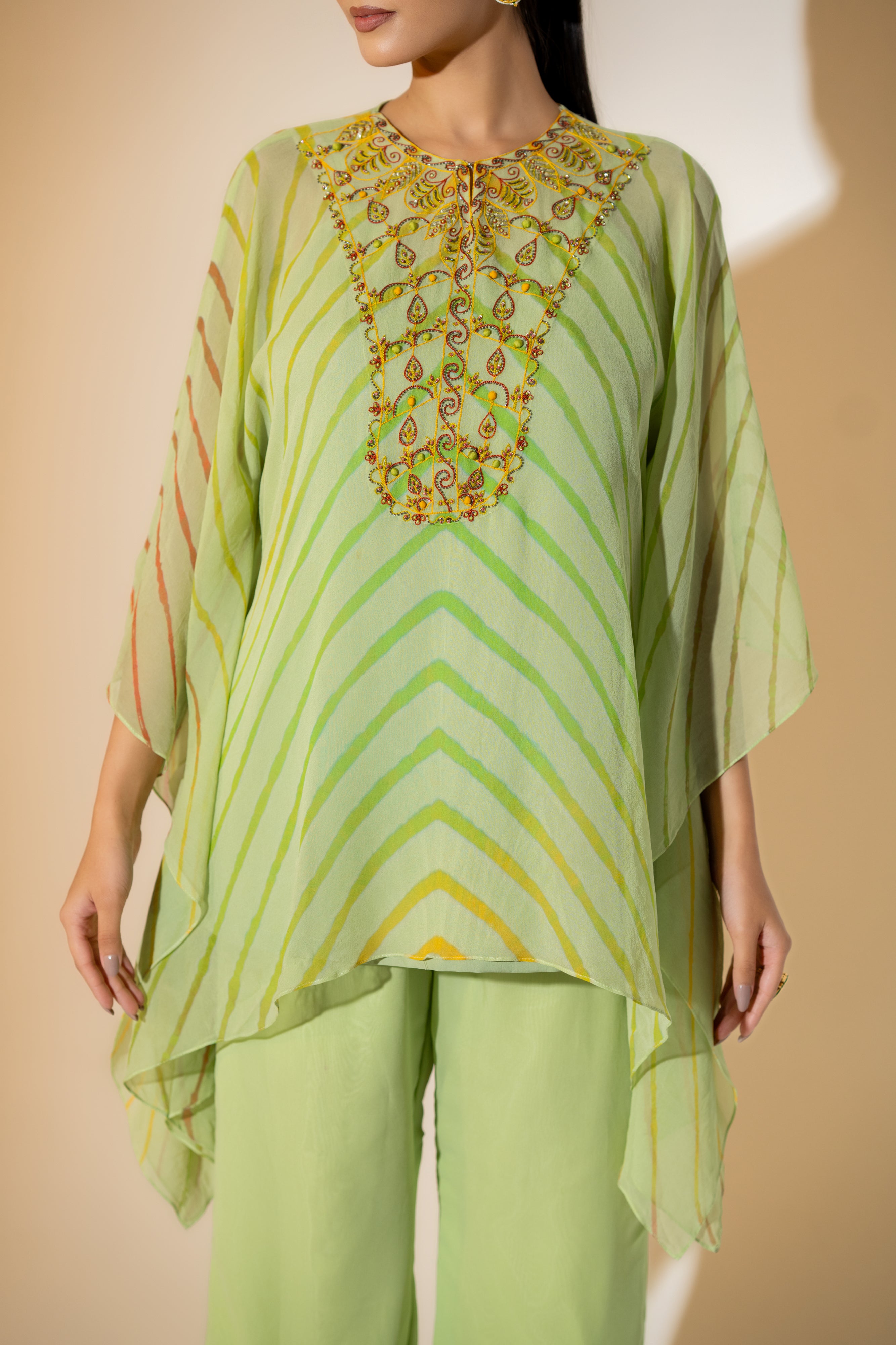 LIME GREEN EMBELLISHED KAFTAN CO-ORD SET