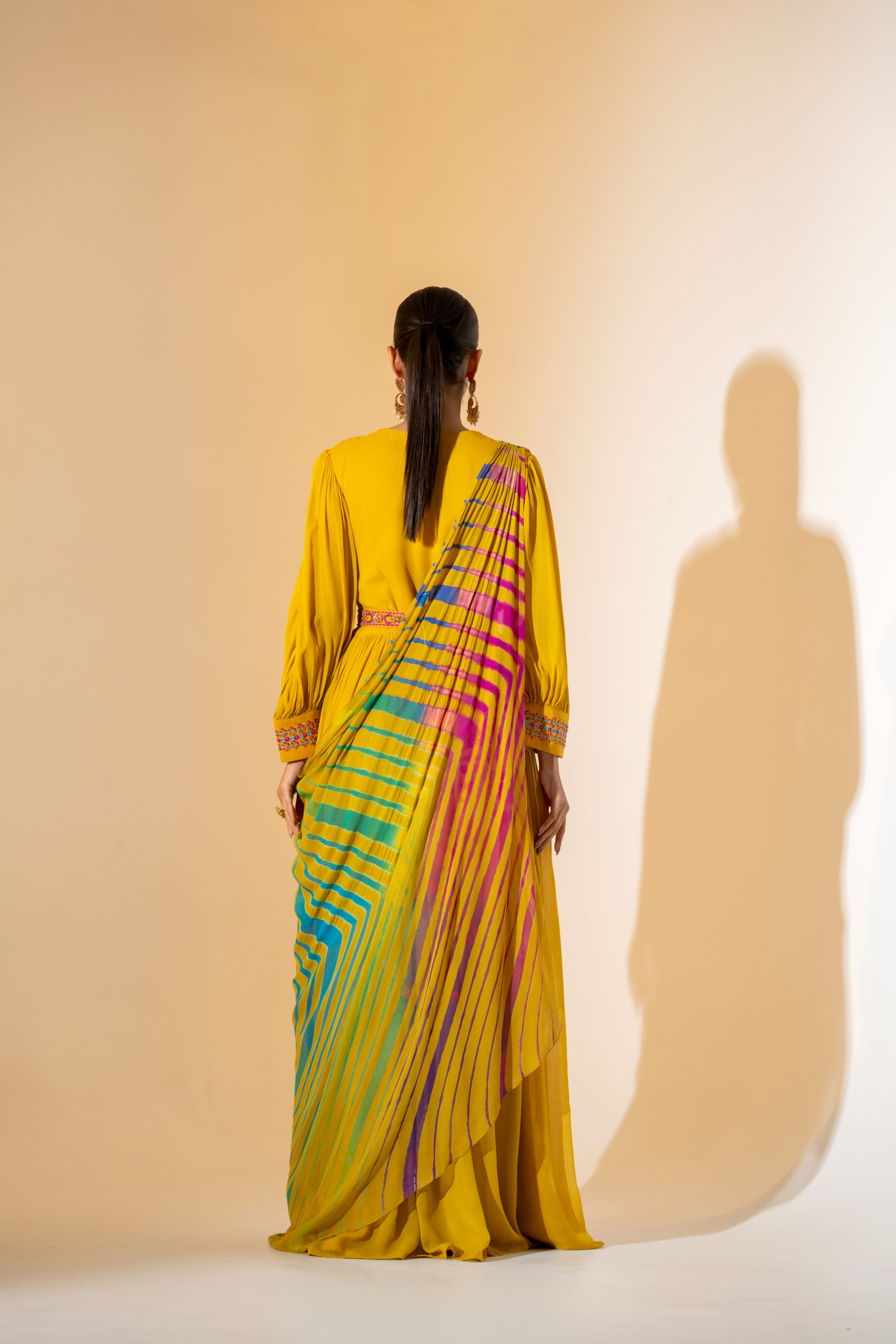 GOWN WITH MULTI COLOUR LEHERIYA DUPATTA.