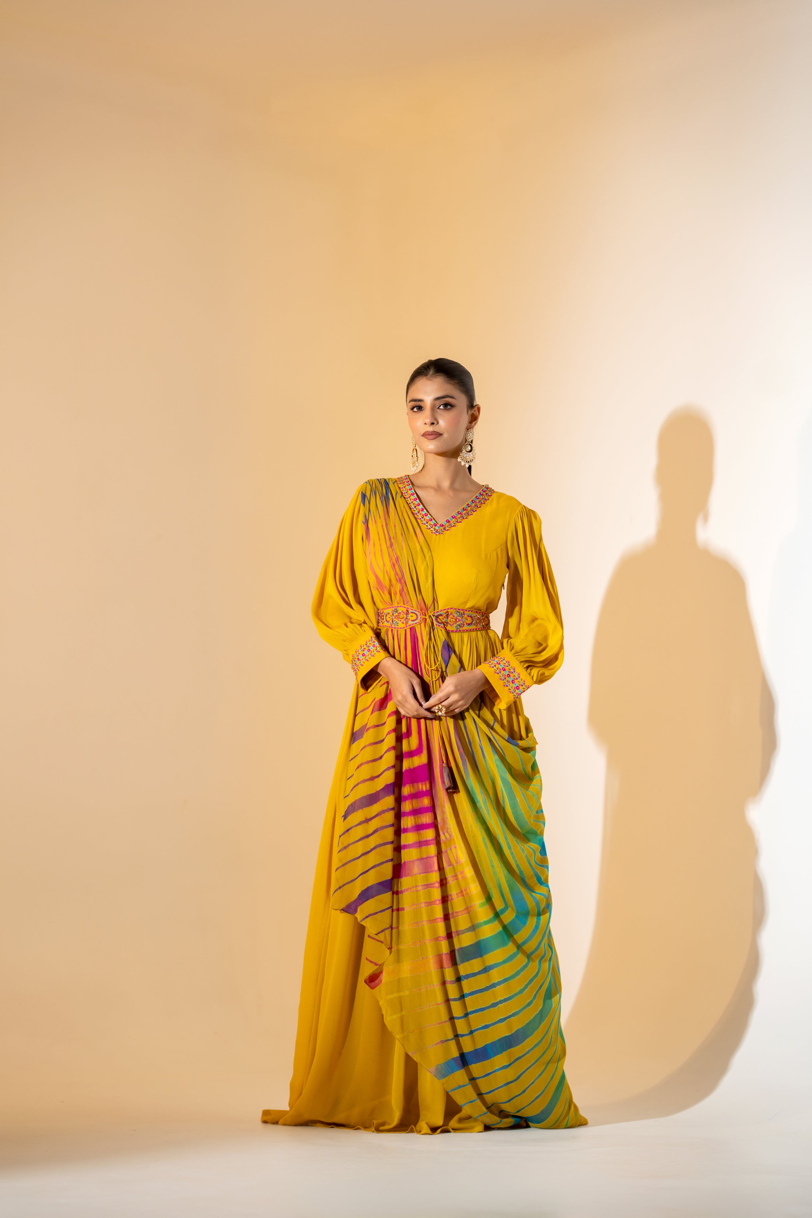 GOWN WITH MULTI COLOUR LEHERIYA DUPATTA.