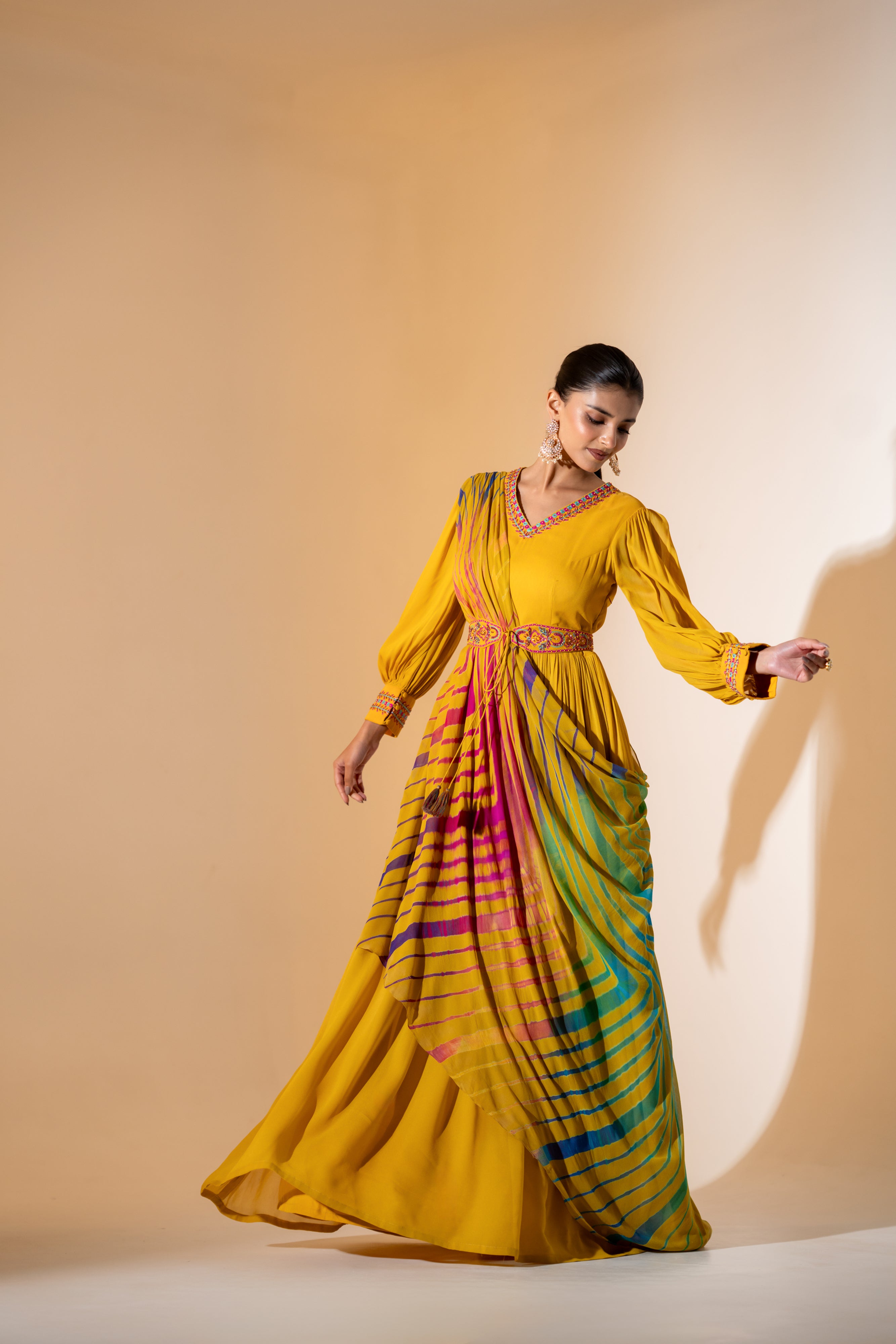 GOWN WITH MULTI COLOUR LEHERIYA DUPATTA.